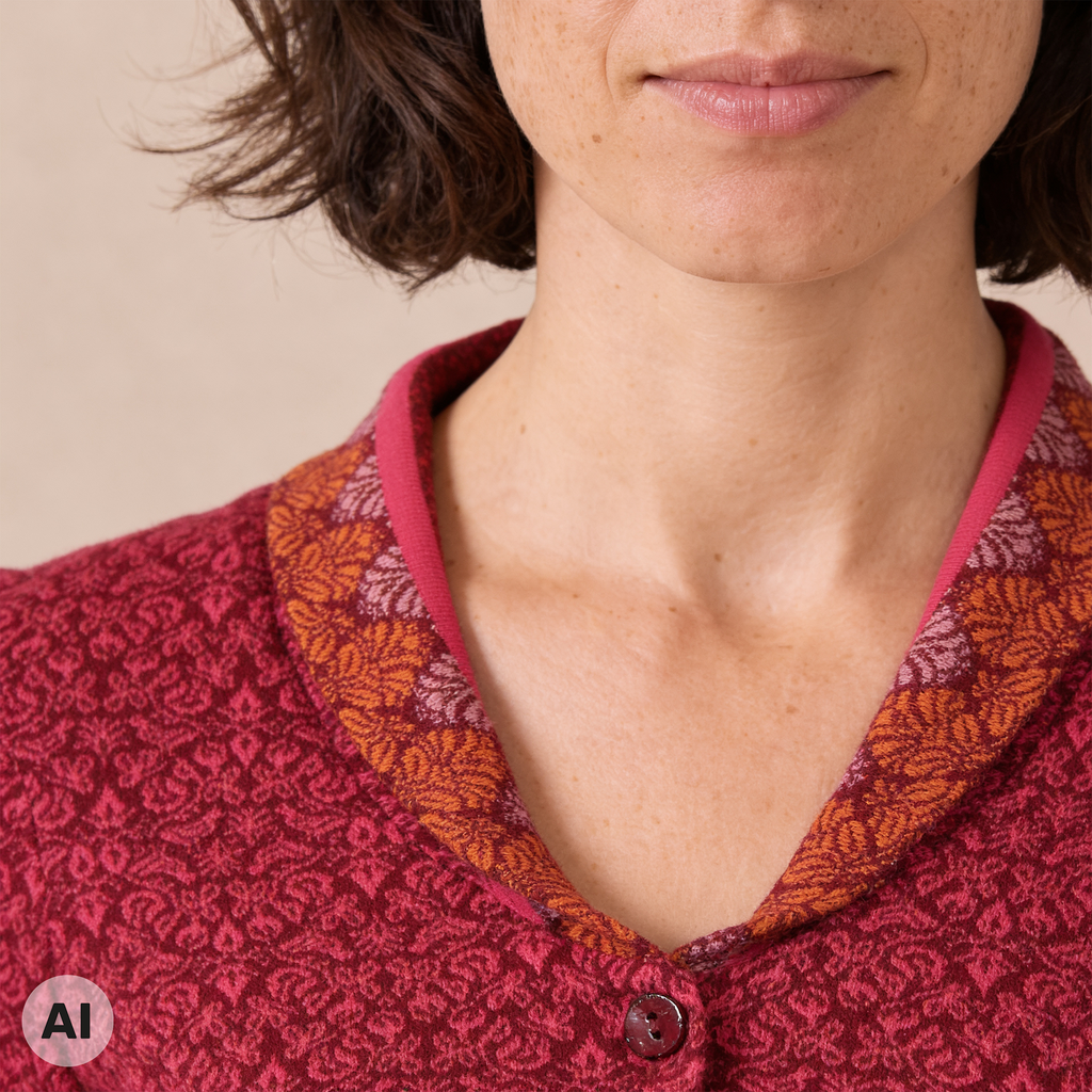 Schalkragenjacke rot – Detailansicht, mit KI bearbeitet