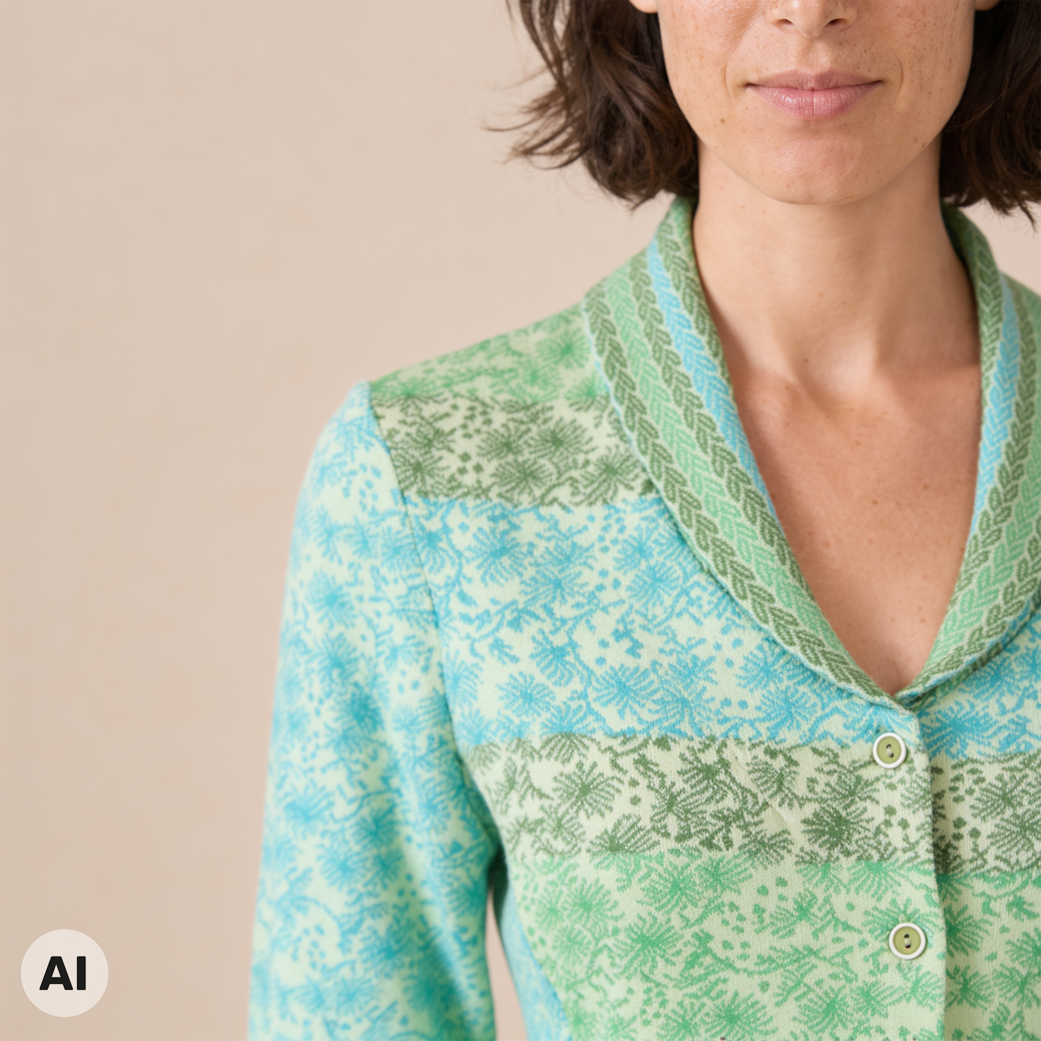 Schößchenjacke grün – Detailansicht, mit KI bearbeitet