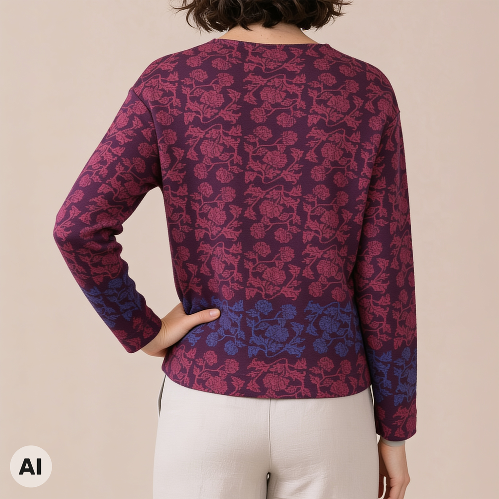 überschnittener Pullover lila – Rückansicht, mit KI bearbeitet
