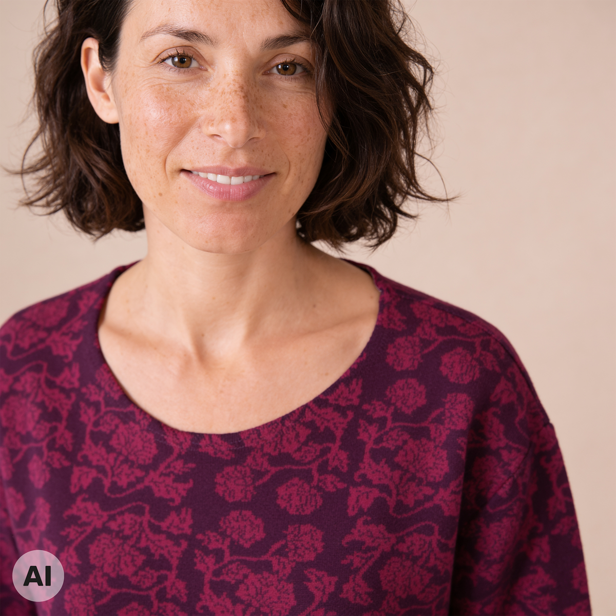 überschnittener Pullover lila – Detailansicht, mit KI bearbeitet