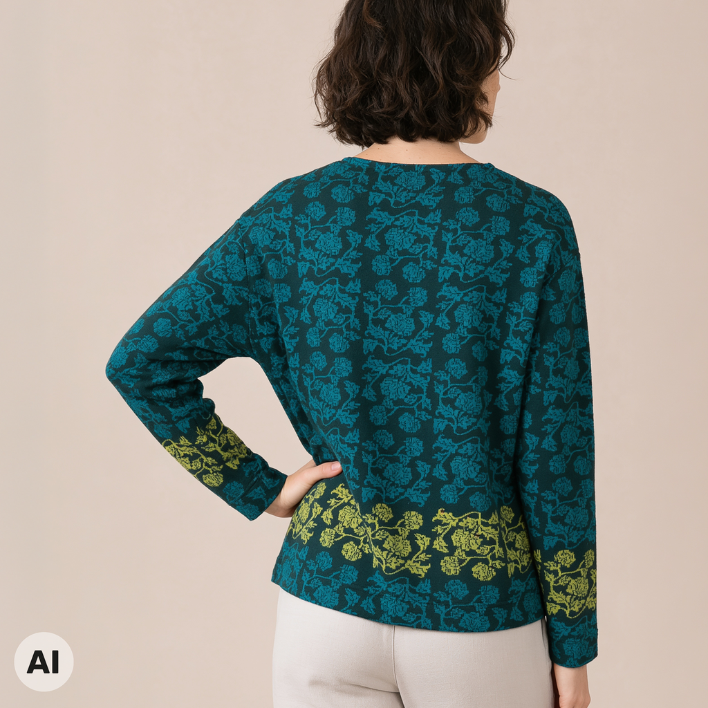 überschnittener Pullover grün – Rückansicht, mit KI bearbeitet