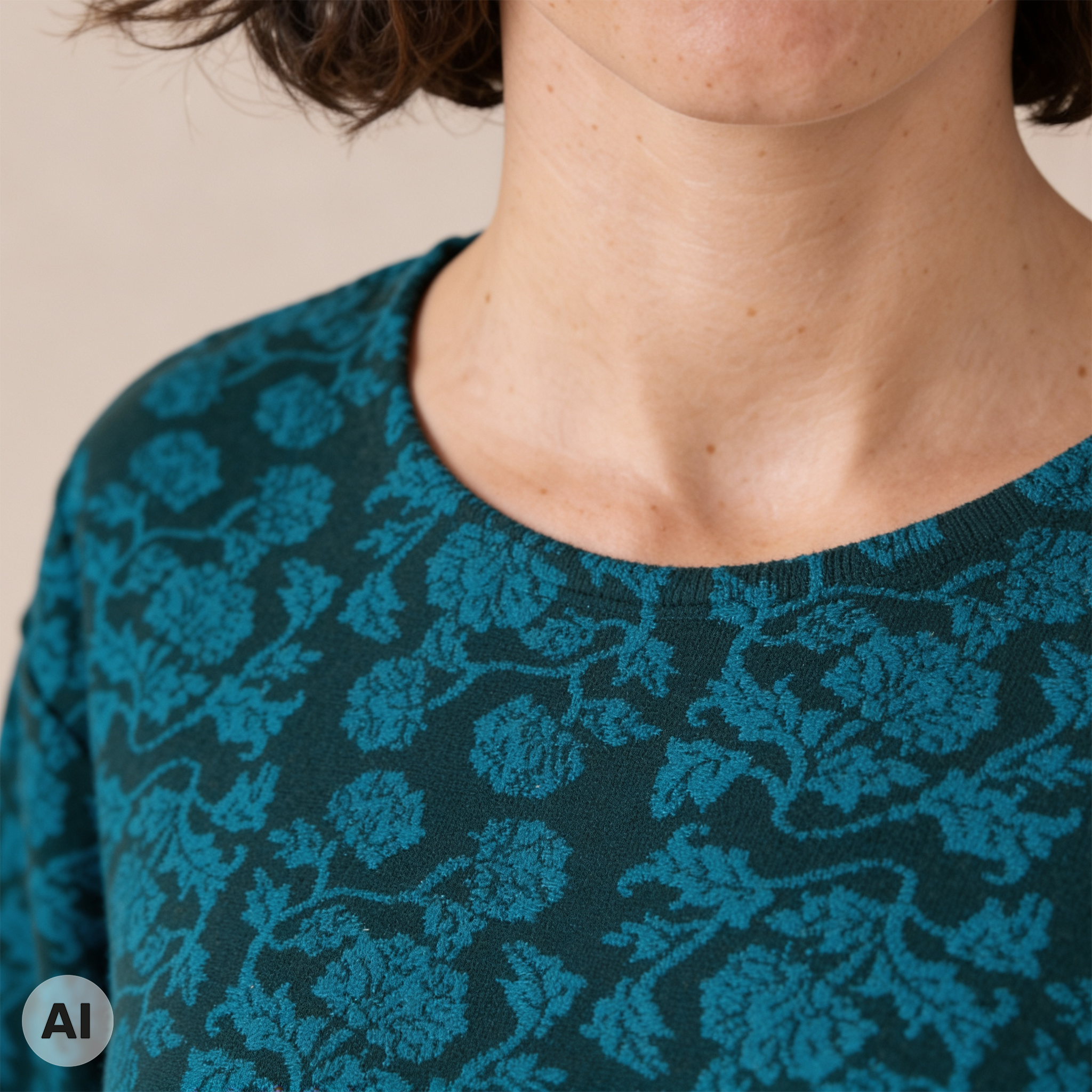 überschnittener Pullover grün – Detailansicht, mit KI bearbeitet