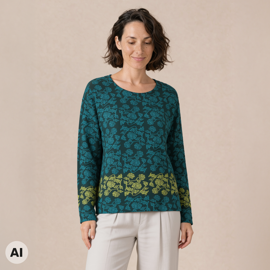 überschnittener Pullover grün – Vorderansicht, mit KI bearbeitet