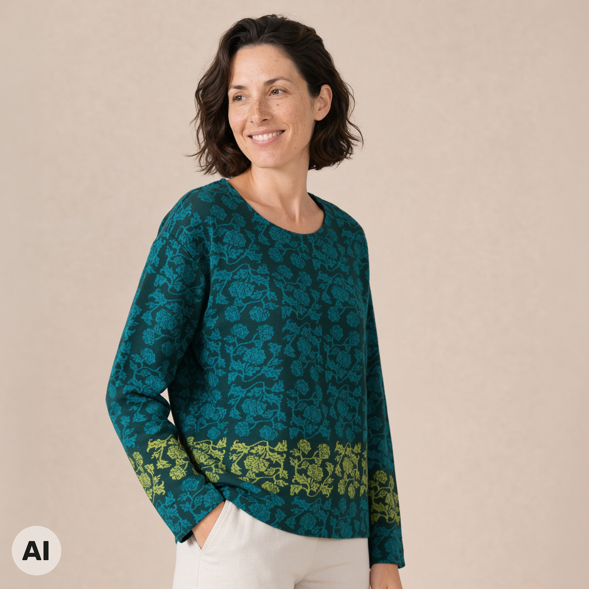 überschnittener Pullover grün – Vorderansicht, mit KI bearbeitet