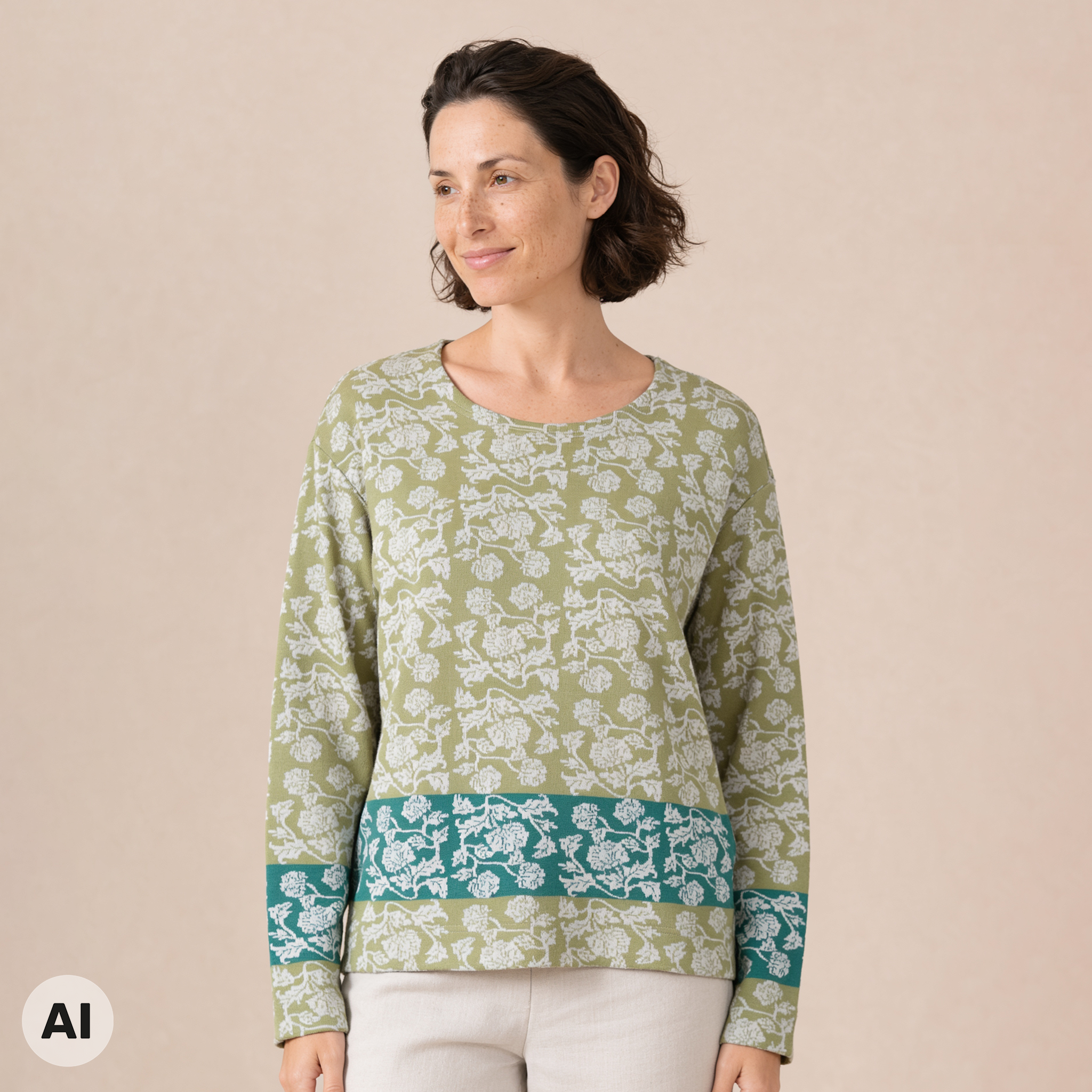 überschnittener Pullover grün – Vorderansicht, mit KI bearbeitet