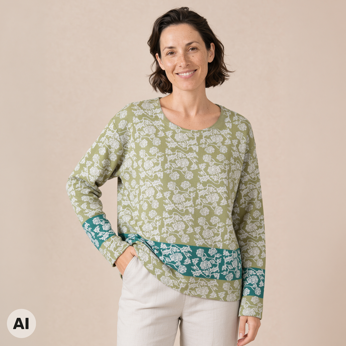 überschnittener Pullover grün – Vorderansicht, mit KI bearbeitet