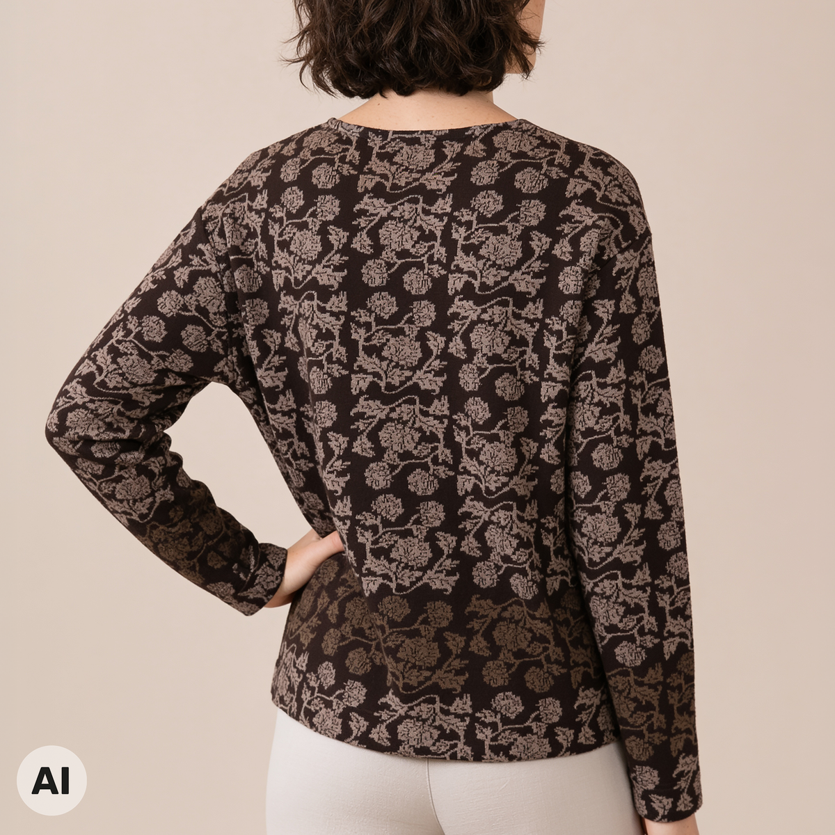 überschnittener Pullover braun – Rückansicht, mit KI bearbeitet
