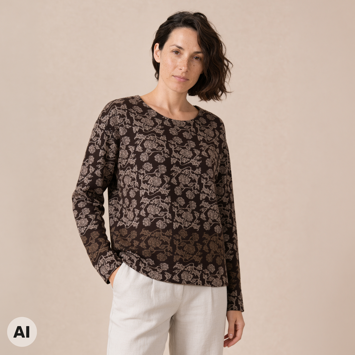 überschnittener Pullover braun – Vorderansicht, mit KI bearbeitet