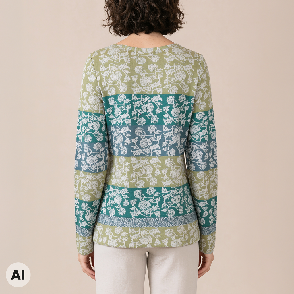 klassischer Pullover grün – Rückansicht, mit KI bearbeitet