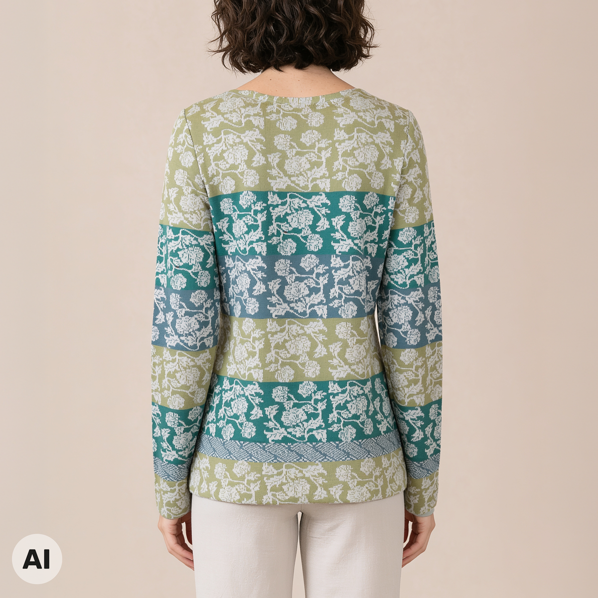 klassischer Pullover grün – Rückansicht, mit KI bearbeitet