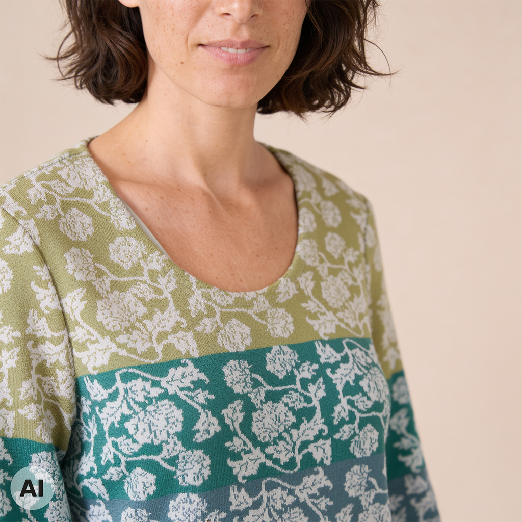klassischer Pullover grün – Detailansicht, mit KI bearbeitet