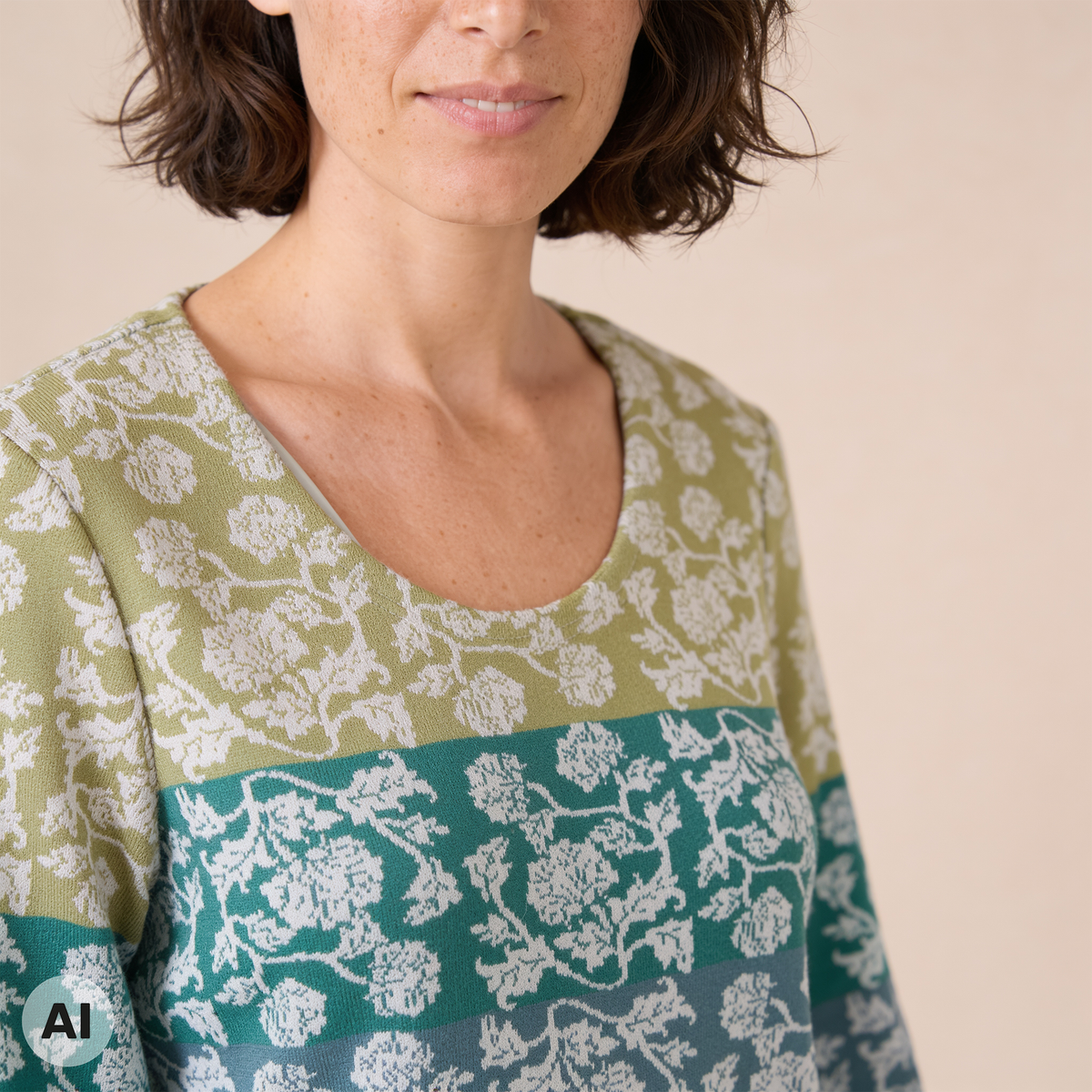 klassischer Pullover grün – Detailansicht, mit KI bearbeitet