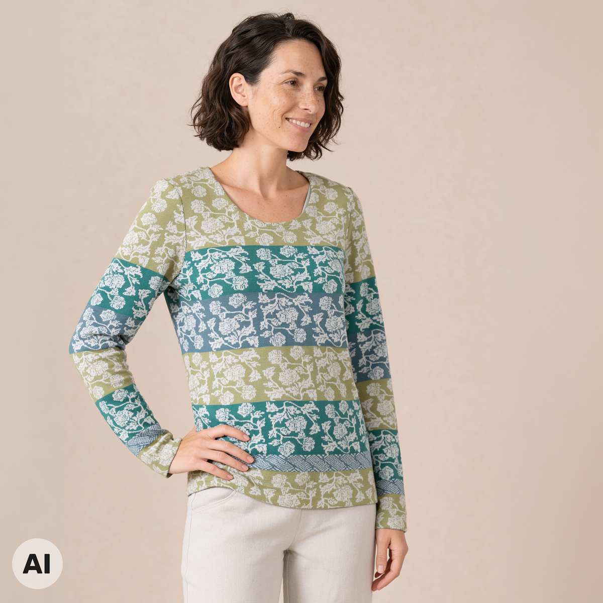 klassischer Pullover grün – Vorderansicht, mit KI bearbeitet
