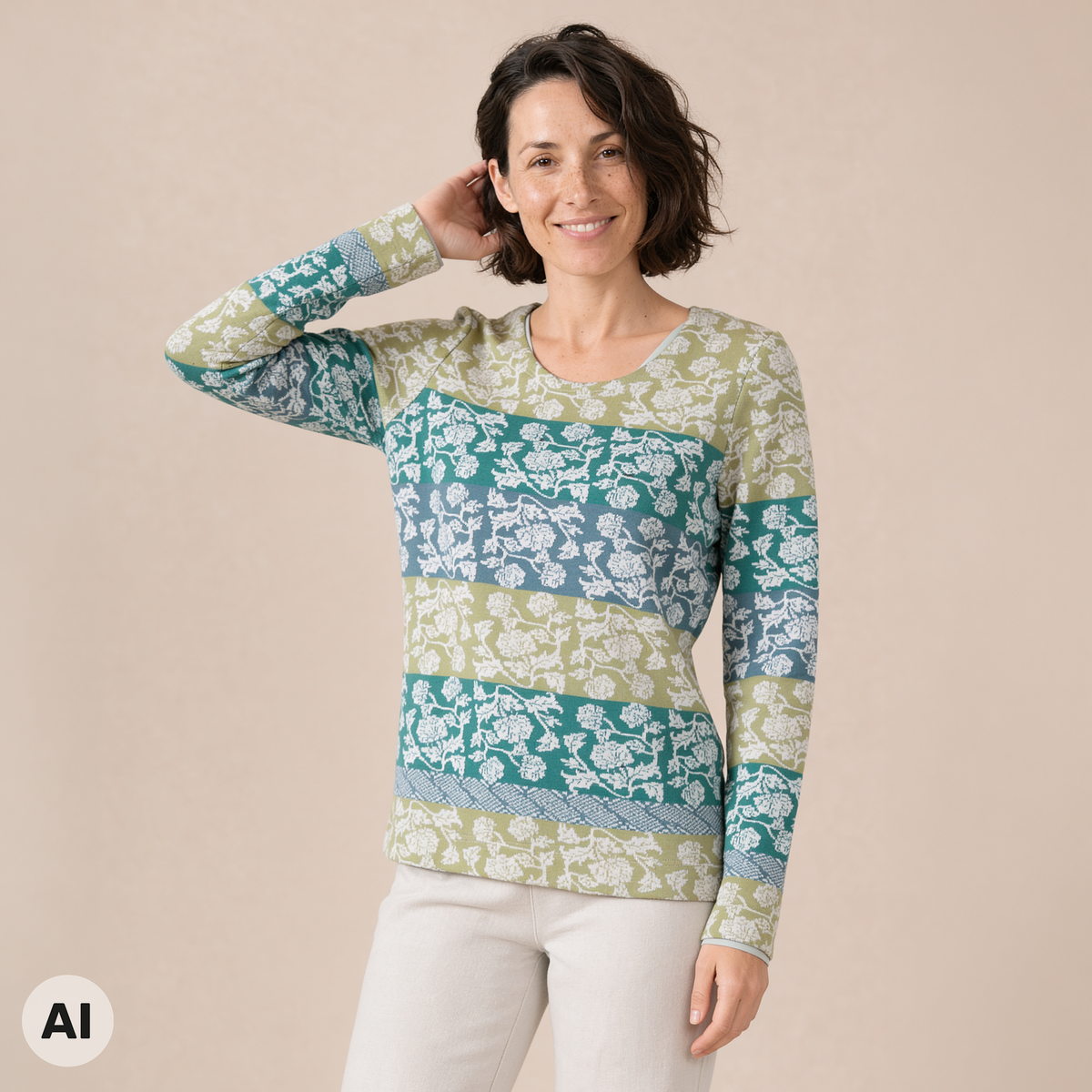 klassischer Pullover grün – Vorderansicht, mit KI bearbeitet