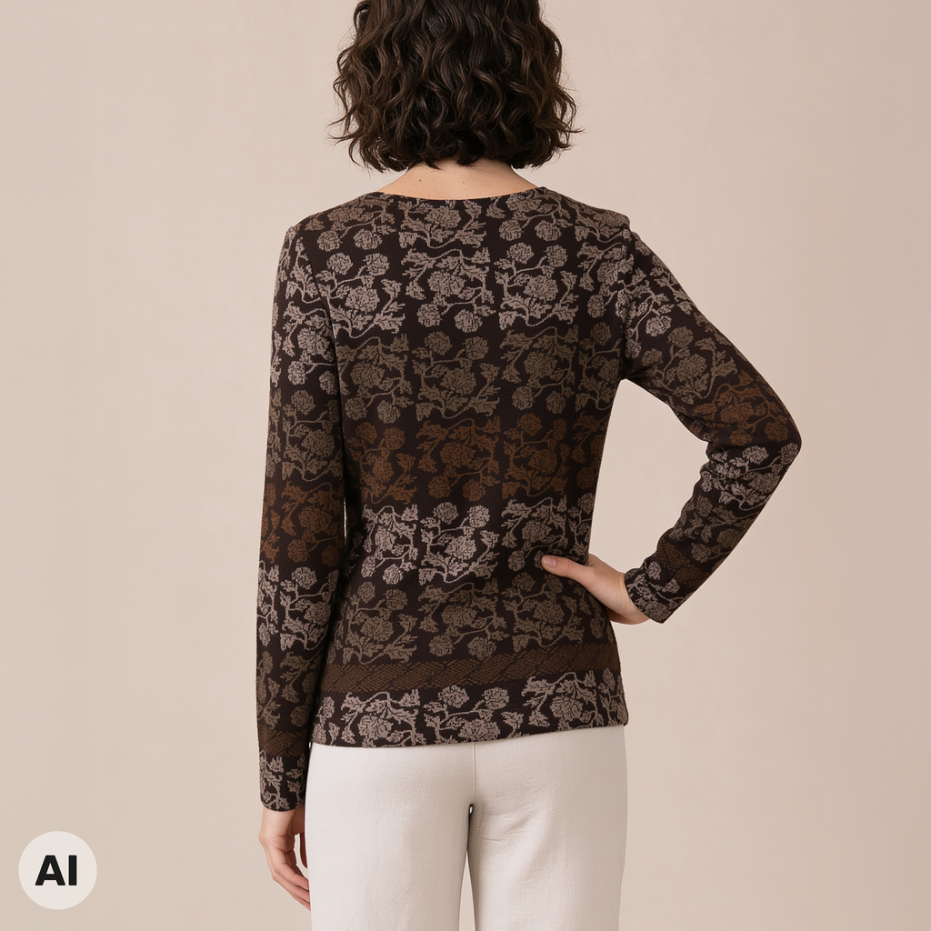 klassischer Pullover braun – Rückansicht, mit KI bearbeitet