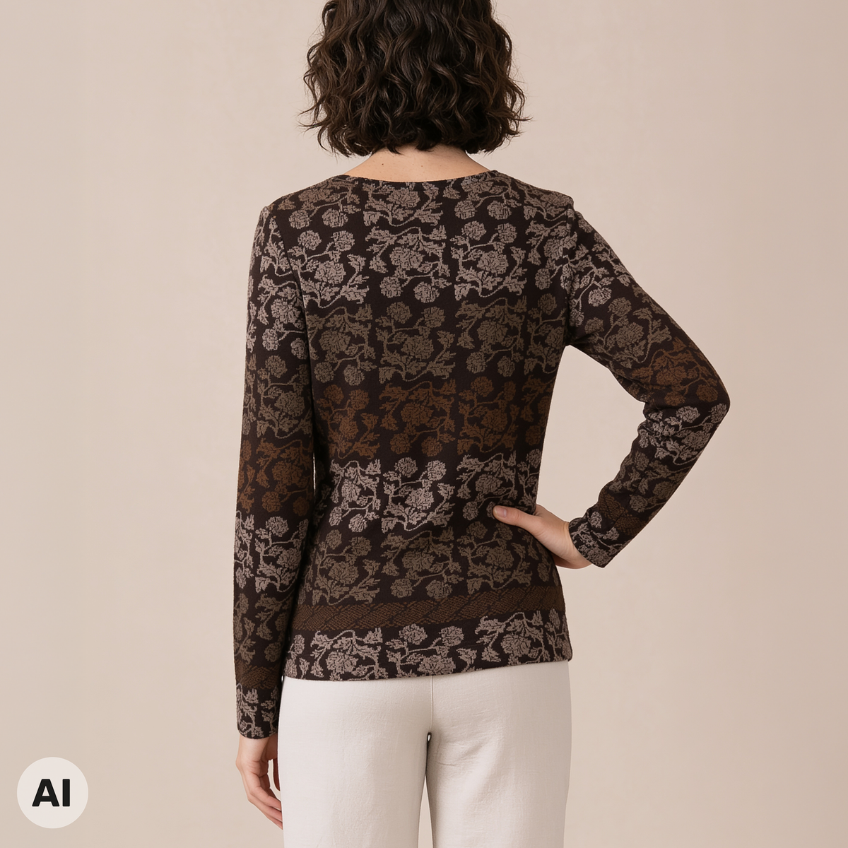 klassischer Pullover braun – Rückansicht, mit KI bearbeitet