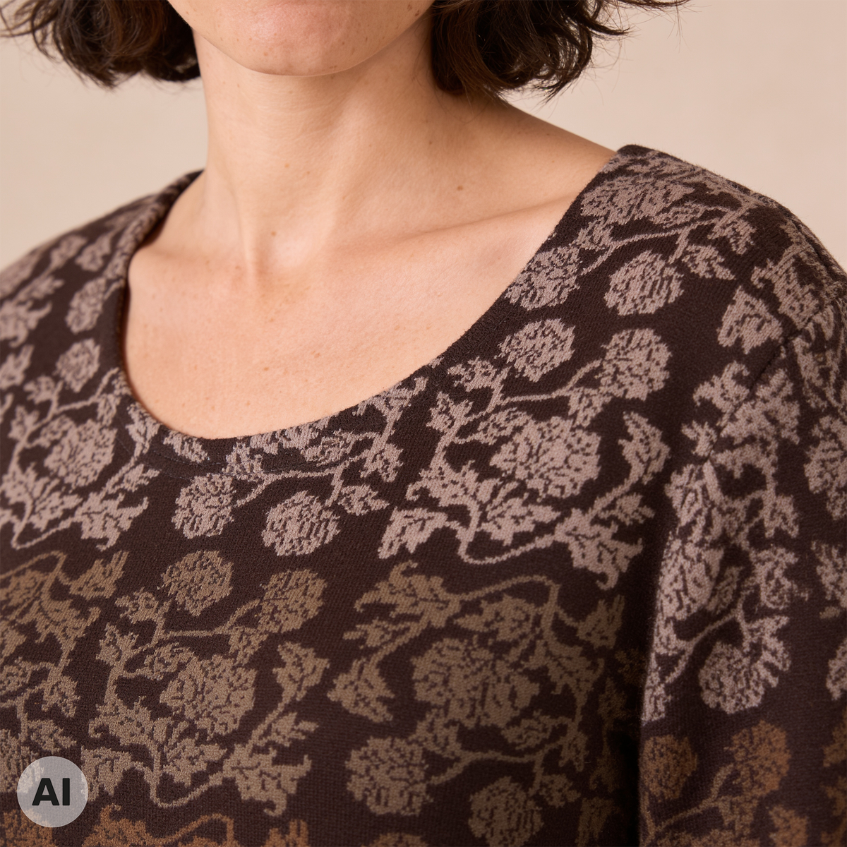 klassischer Pullover braun – Detailansicht, mit KI bearbeitet