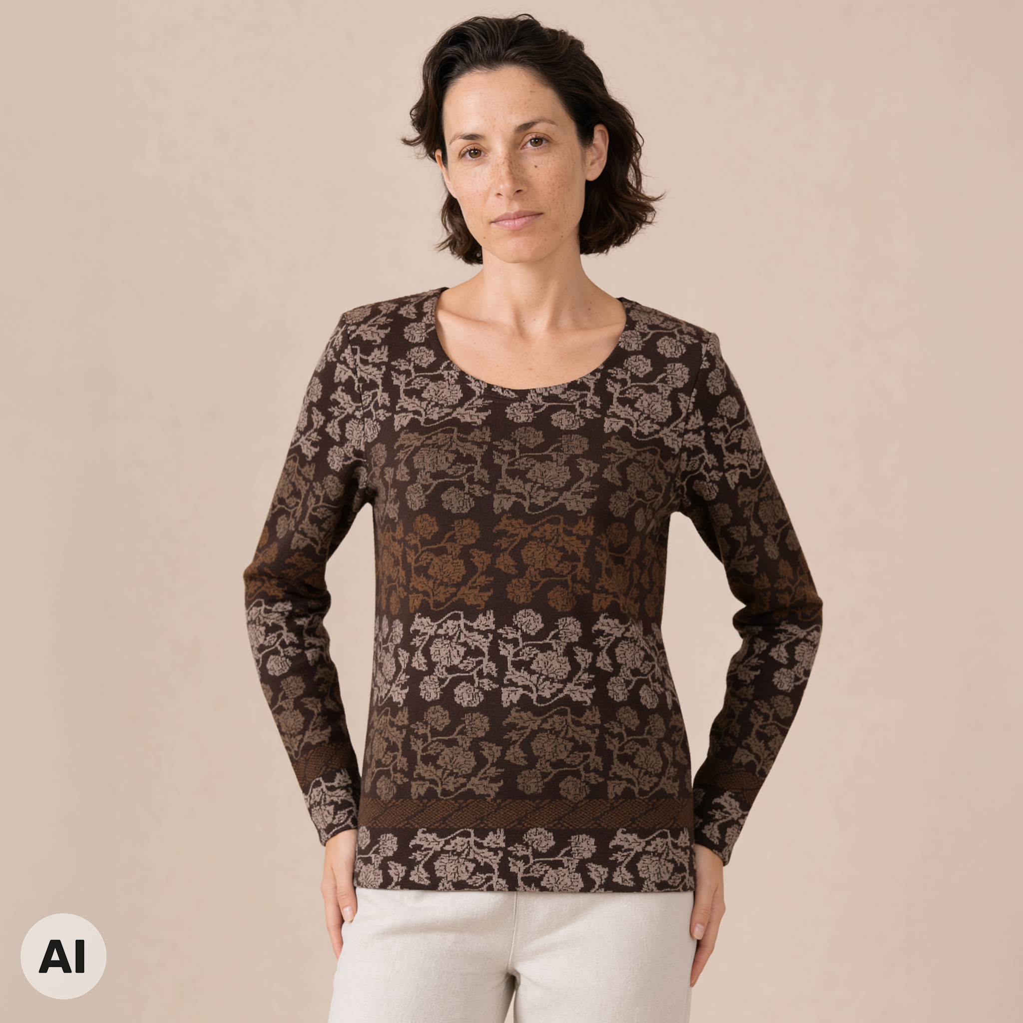 klassischer Pullover braun – Vorderansicht, mit KI bearbeitet