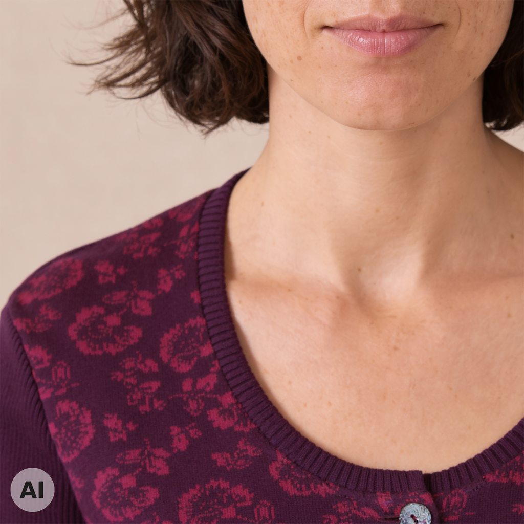 klassische Jacke lila – Detailansicht, mit KI bearbeitet
