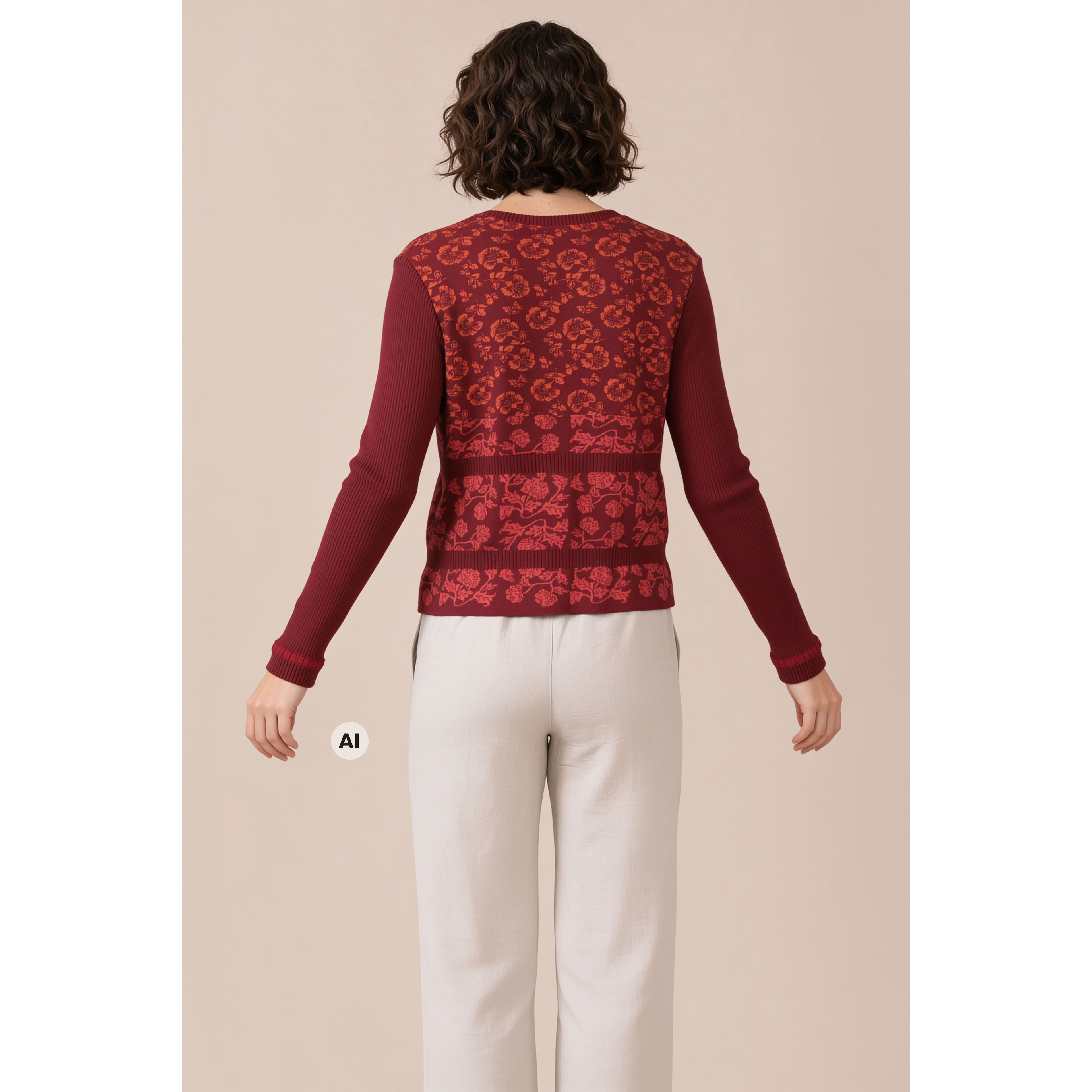 klassische Jacke rot – Rückansicht, mit KI bearbeitet