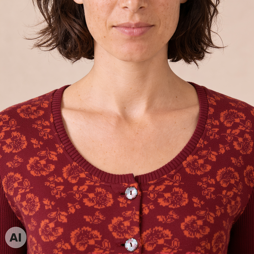 klassische Jacke rot – Detailansicht, mit KI bearbeitet