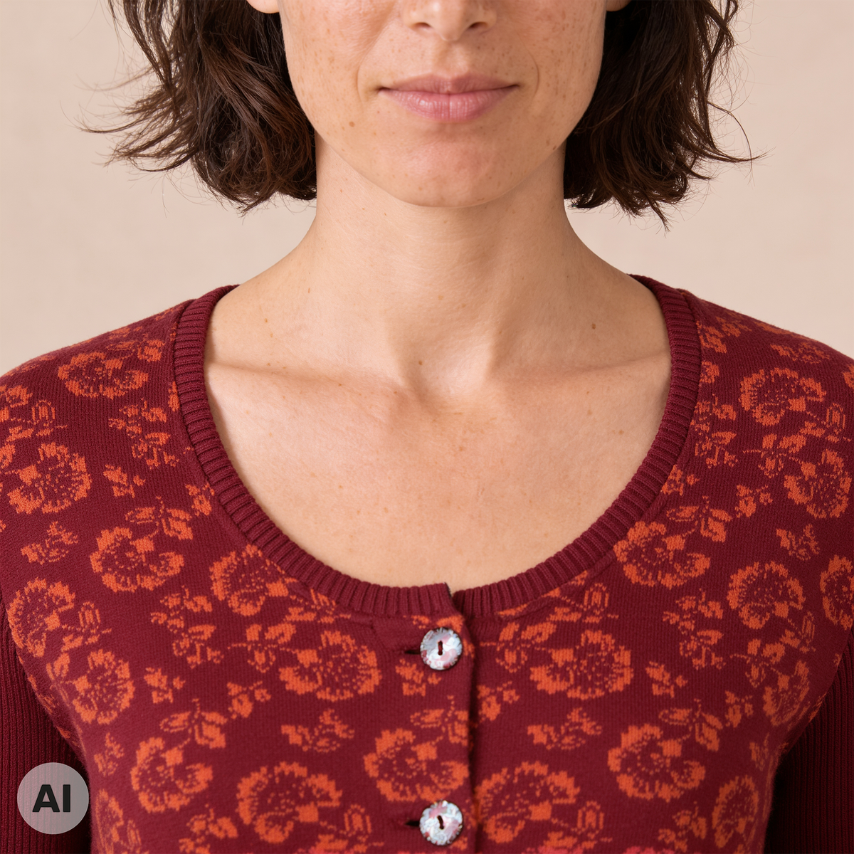 klassische Jacke rot – Detailansicht, mit KI bearbeitet