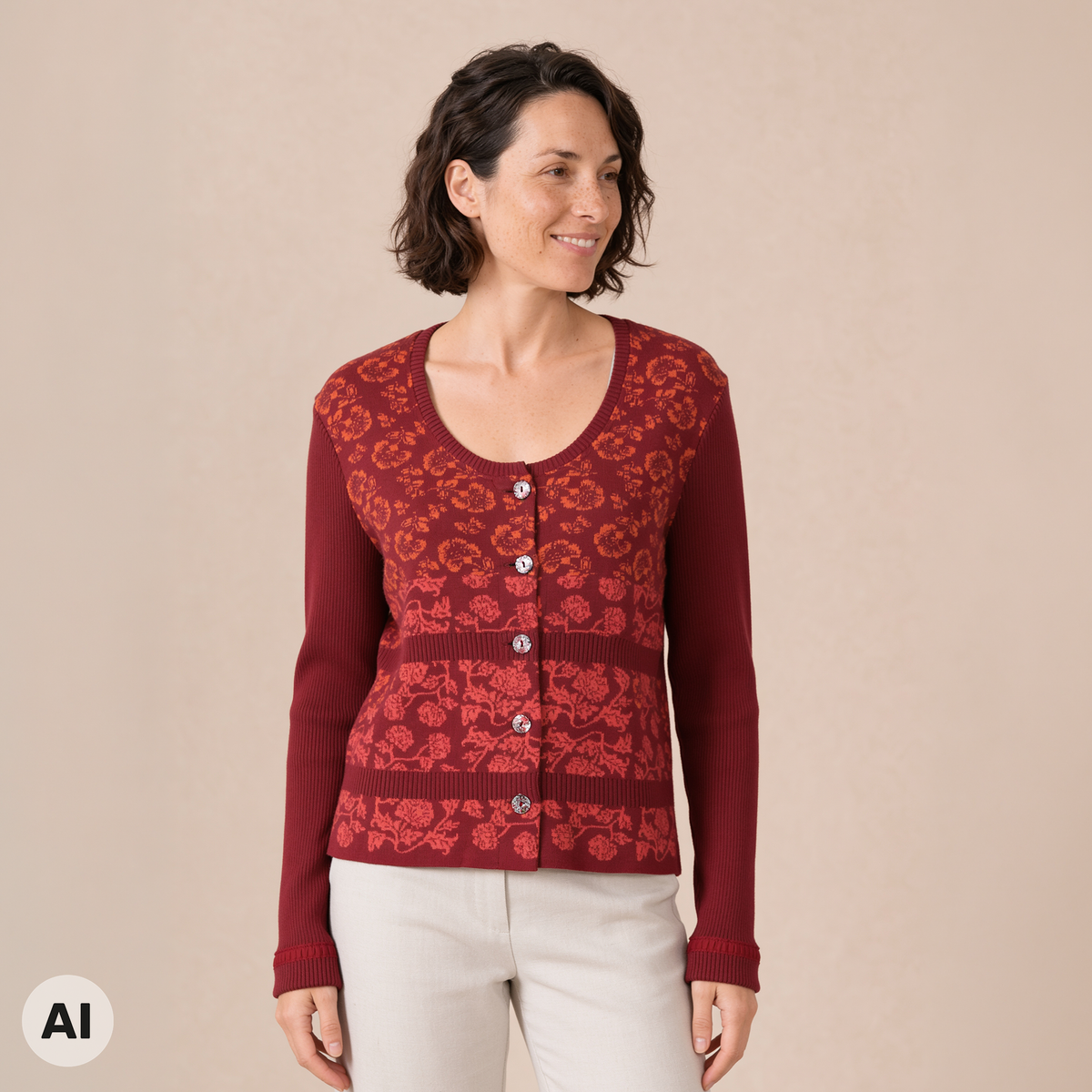klassische Jacke rot – Vorderansicht, mit KI bearbeitet