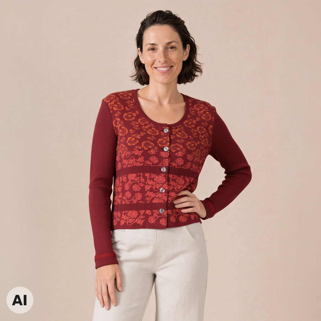 klassische Jacke rot – Vorderansicht, mit KI bearbeitet