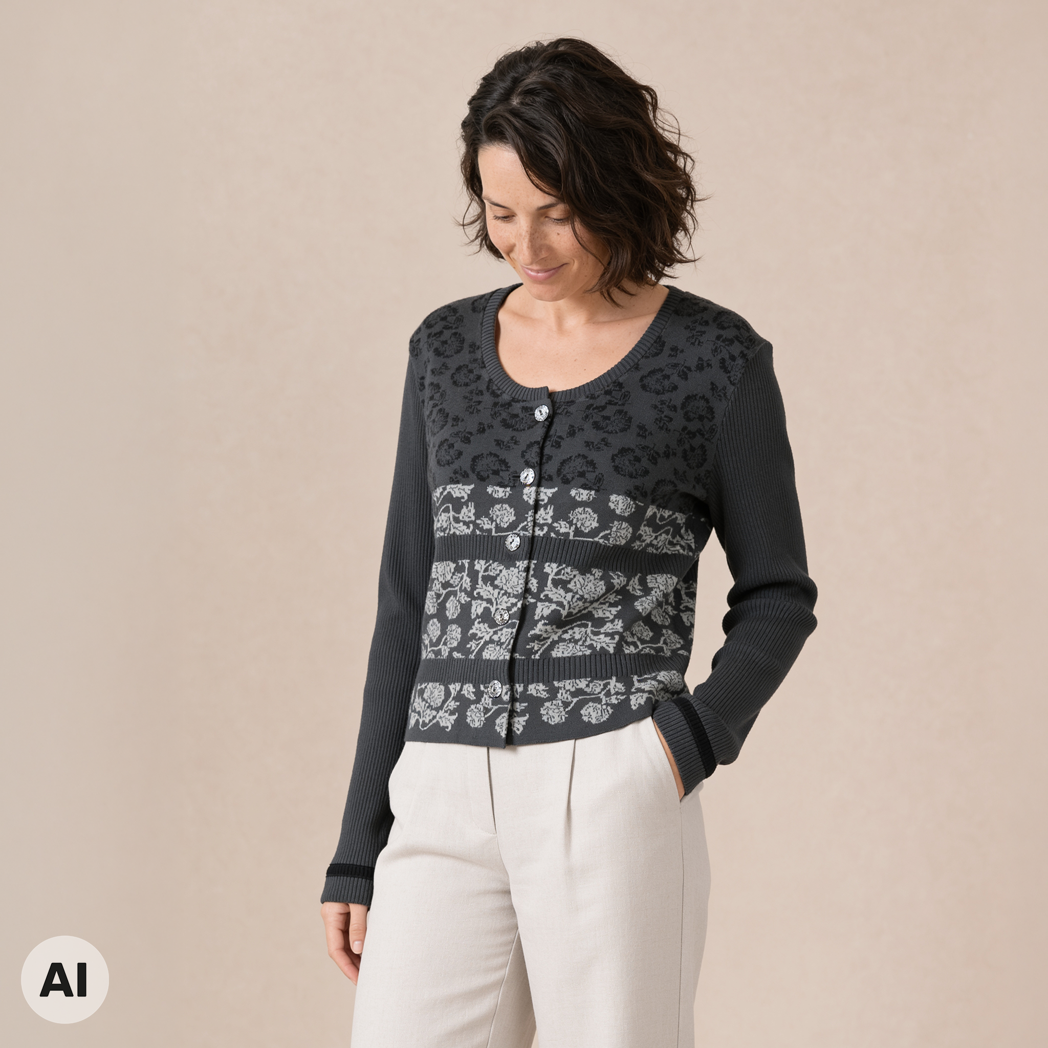 klassische Jacke grau – Vorderansicht, mit KI bearbeitet