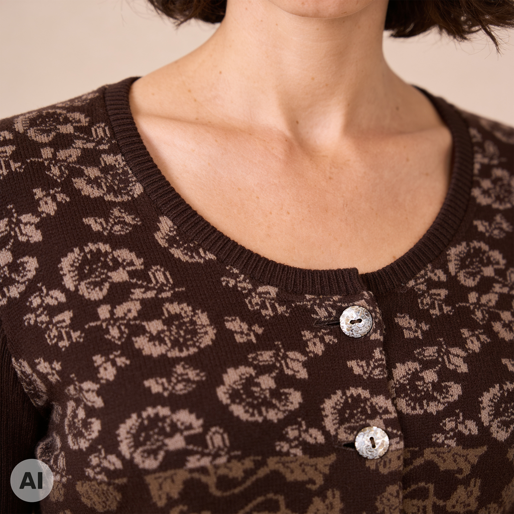 klassische Jacke braun – Detailansicht, mit KI bearbeitet