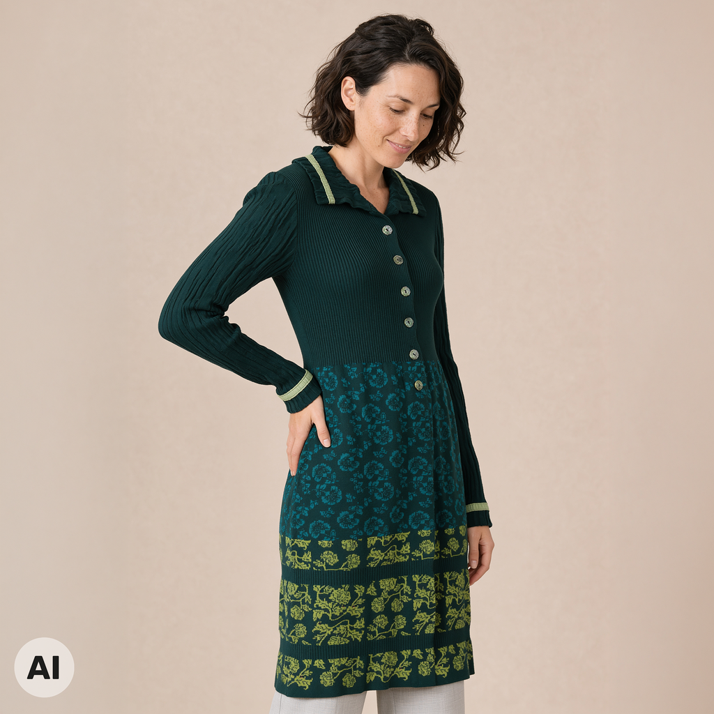 Langjacke grün – Vorderansicht, mit KI bearbeitet
