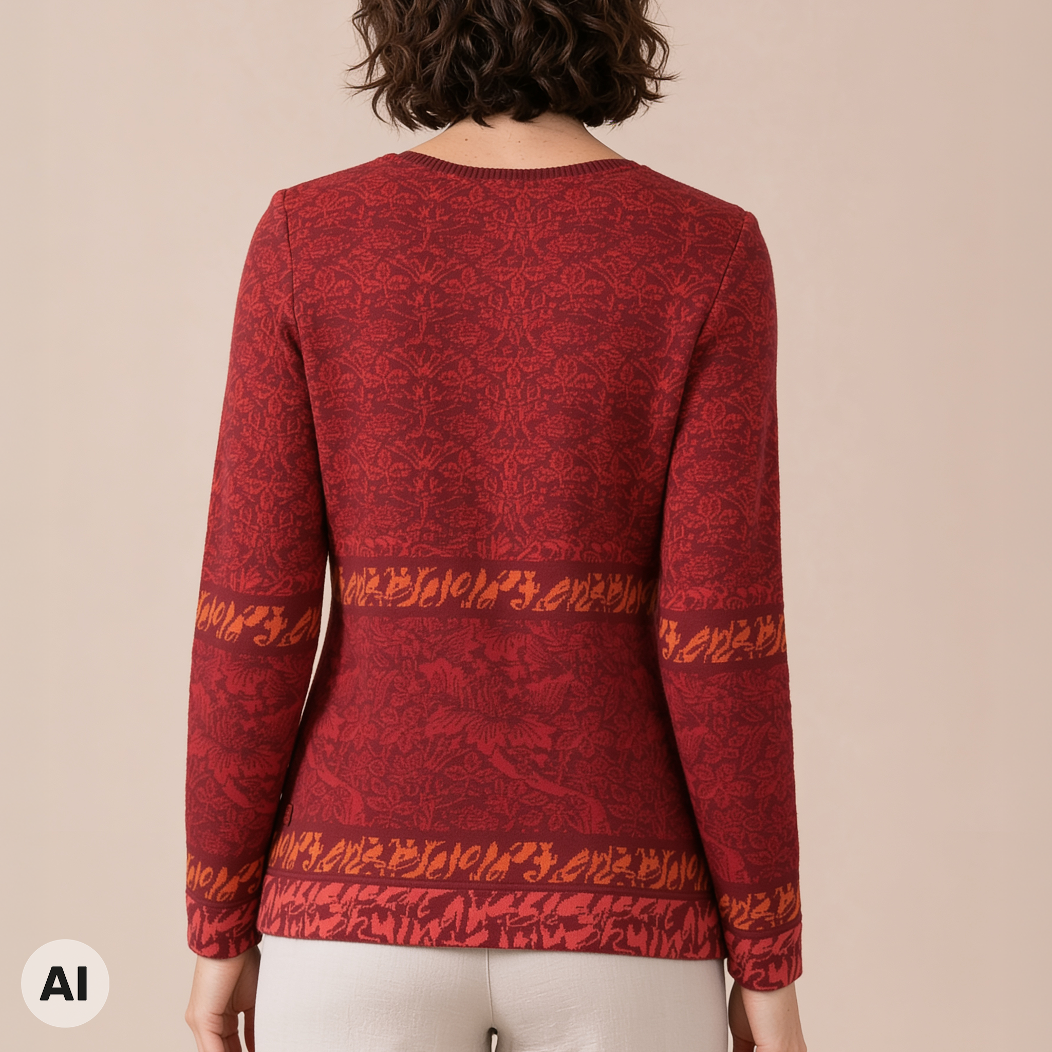 klassischer Pullover rot – Rückansicht, mit KI bearbeitet