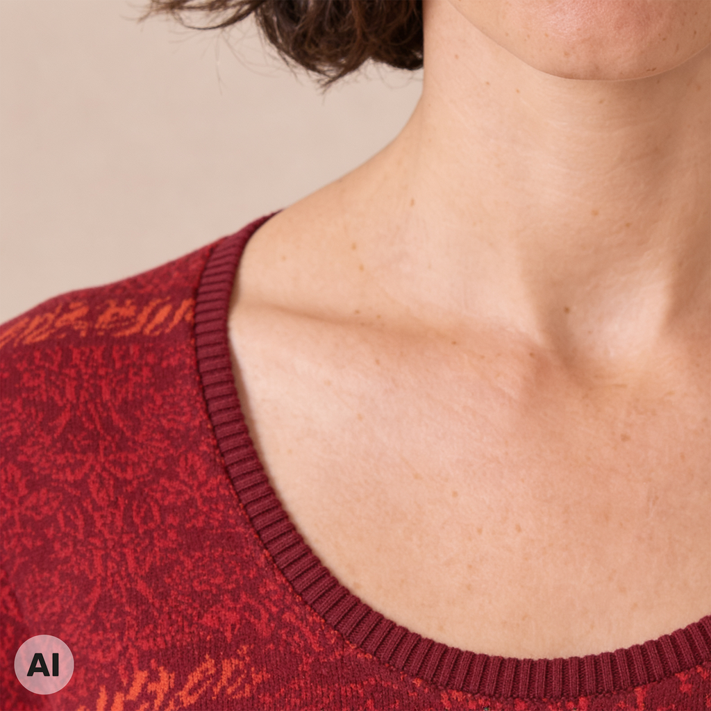 klassischer Pullover rot – Detailansicht, mit KI bearbeitet