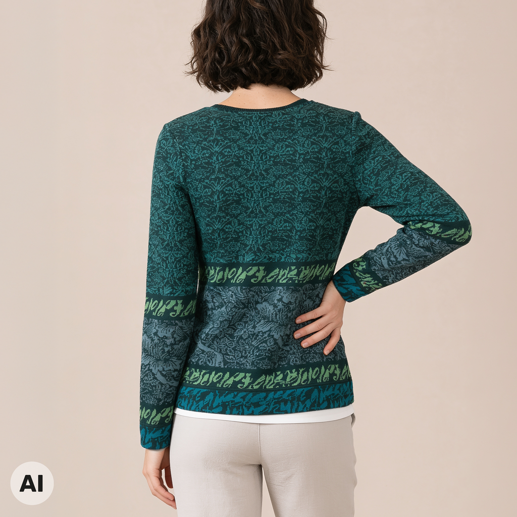 klassischer Pullover grün – Rückansicht, mit KI bearbeitet