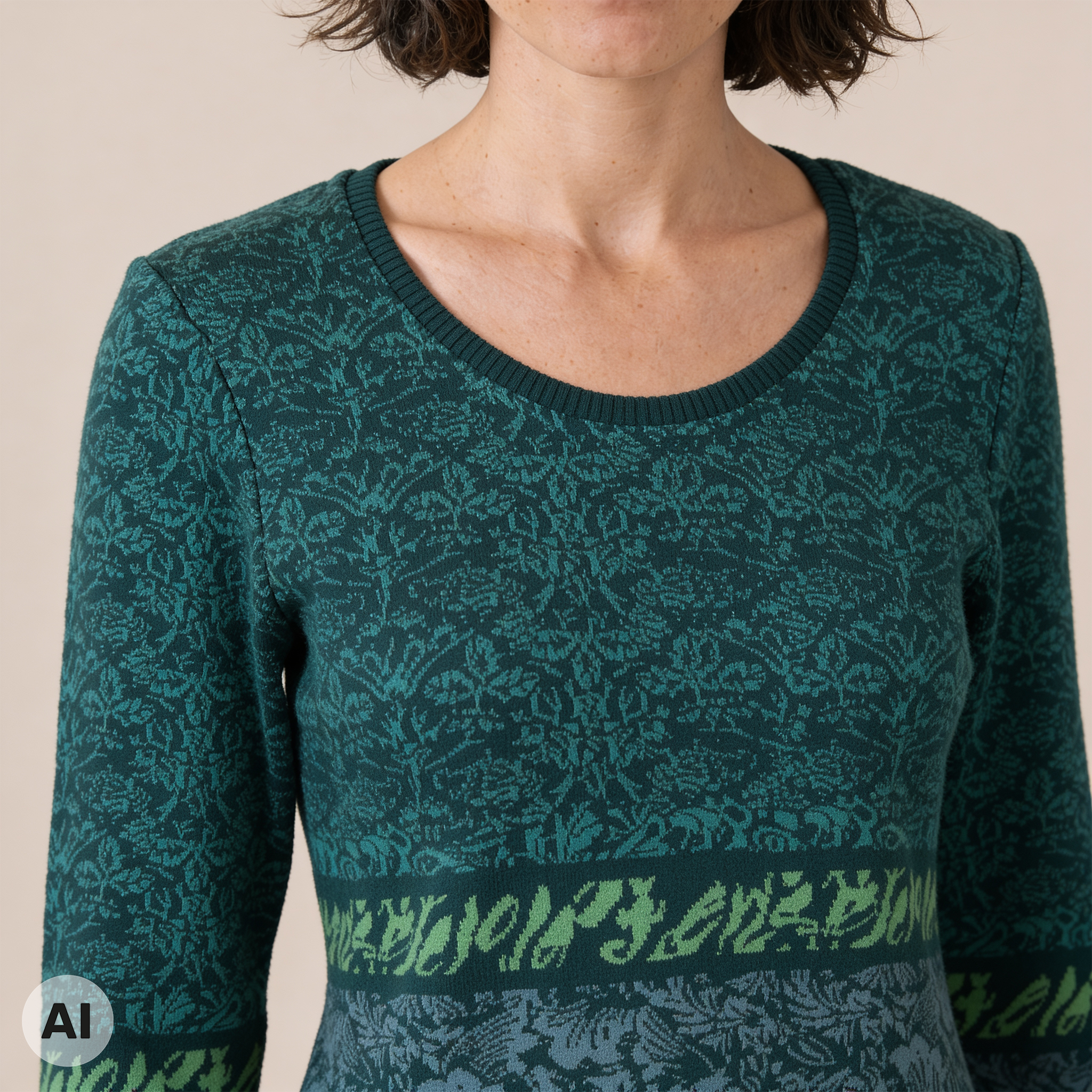 klassischer Pullover grün – Detailansicht, mit KI bearbeitet
