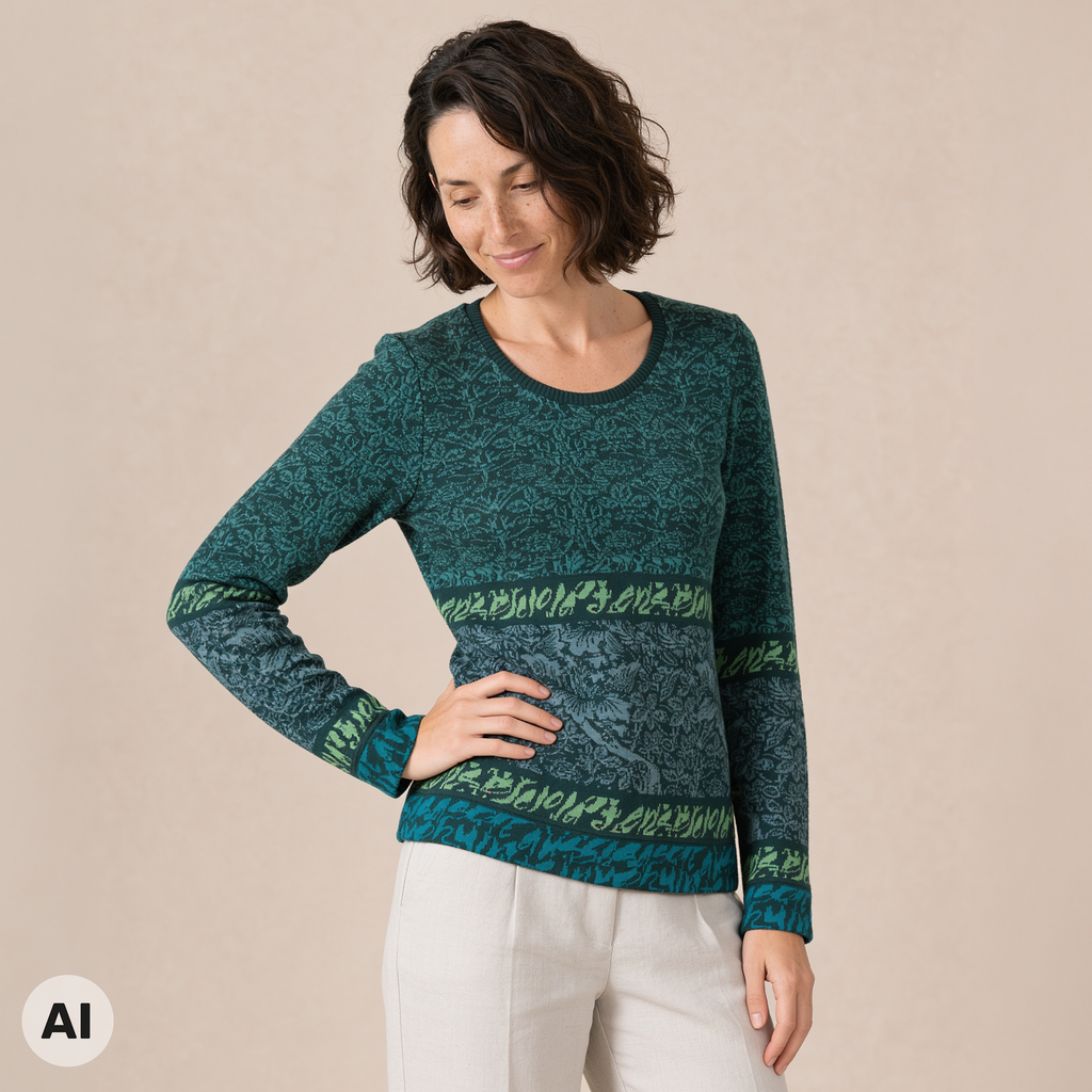 klassischer Pullover grün – Vorderansicht, mit KI bearbeitet