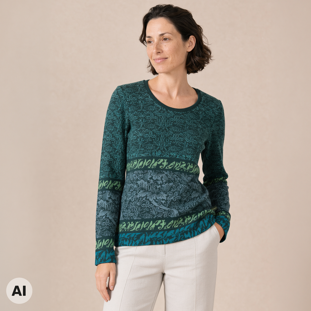klassischer Pullover grün – Vorderansicht, mit KI bearbeitet