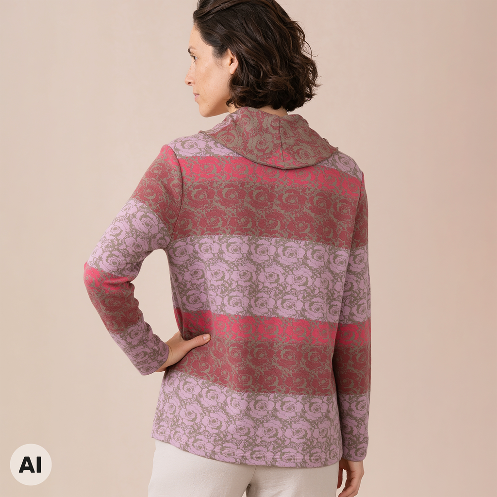 Hüllenjacke rosa – Rückansicht, mit KI bearbeitet