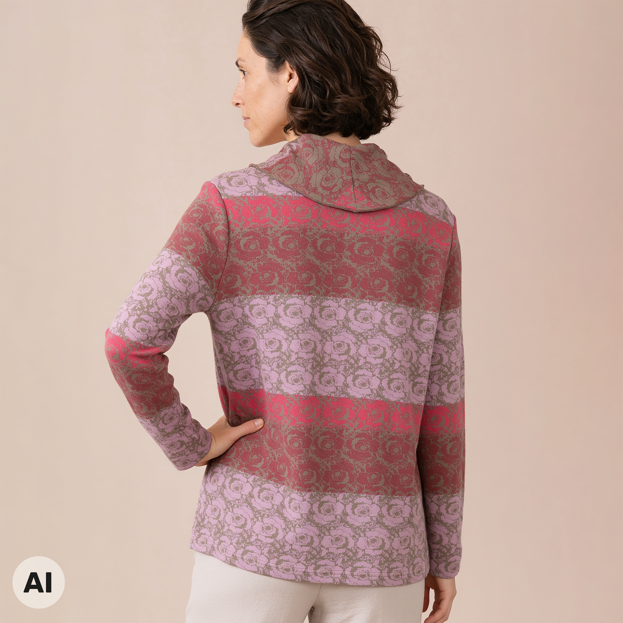 Hüllenjacke rosa – Rückansicht, mit KI bearbeitet