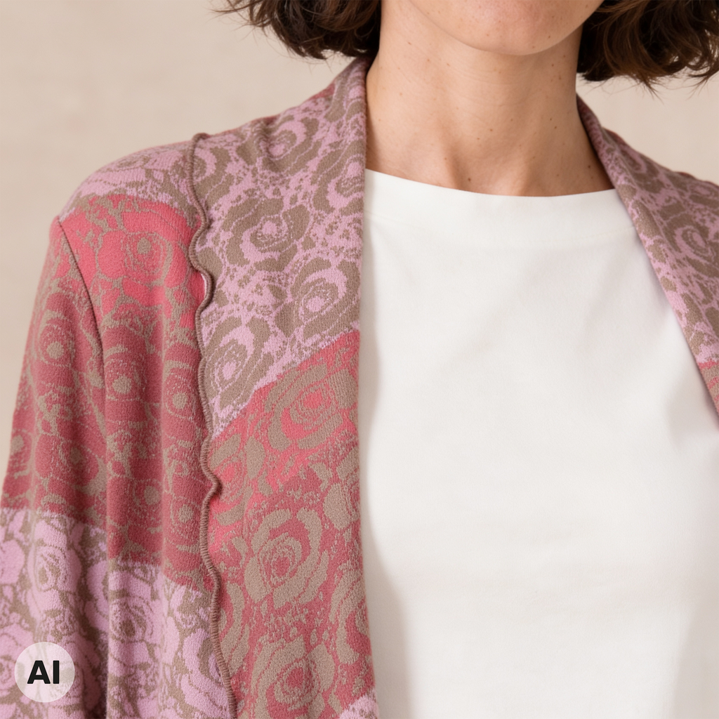 Hüllenjacke rosa – Detailansicht, mit KI bearbeitet