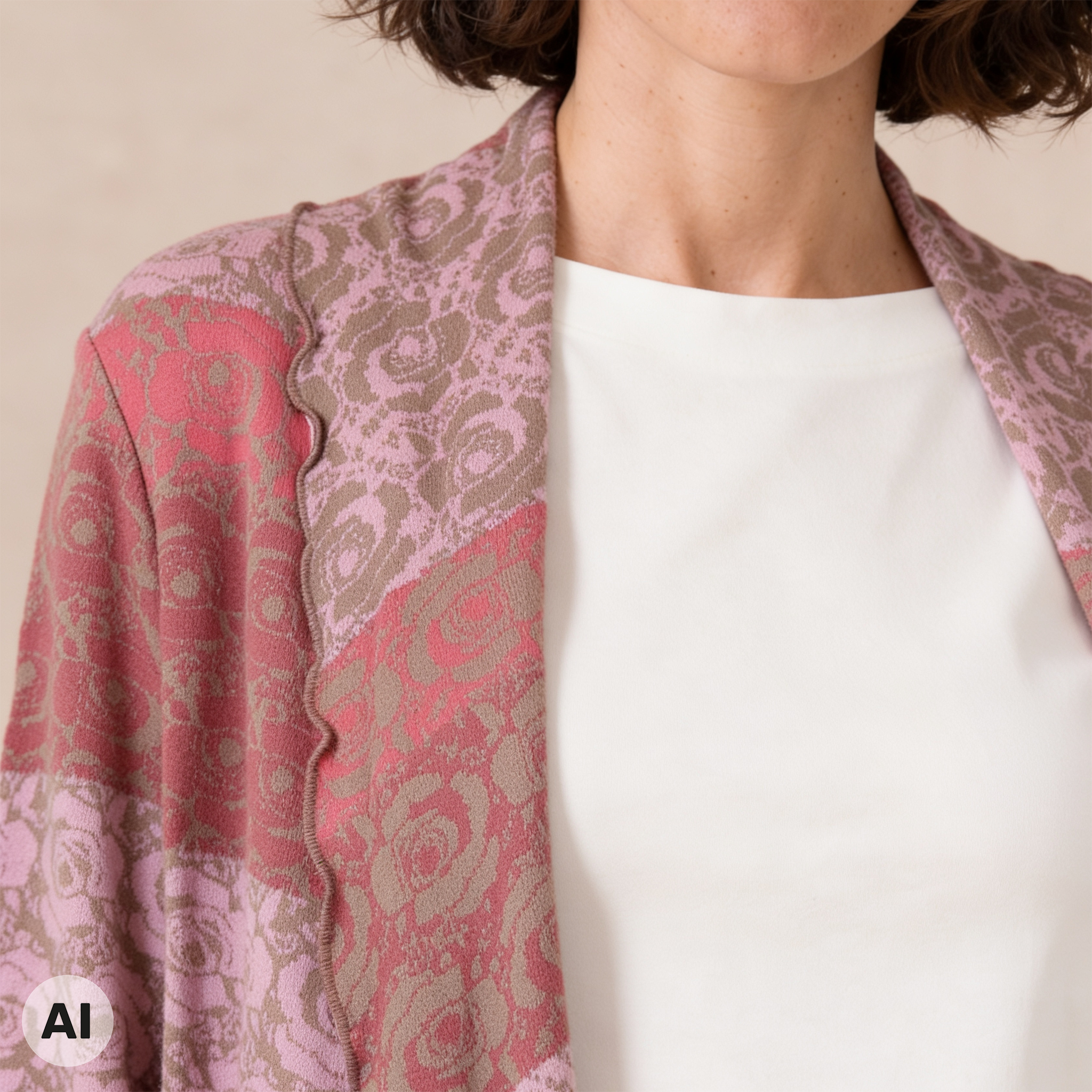 Hüllenjacke rosa – Detailansicht, mit KI bearbeitet