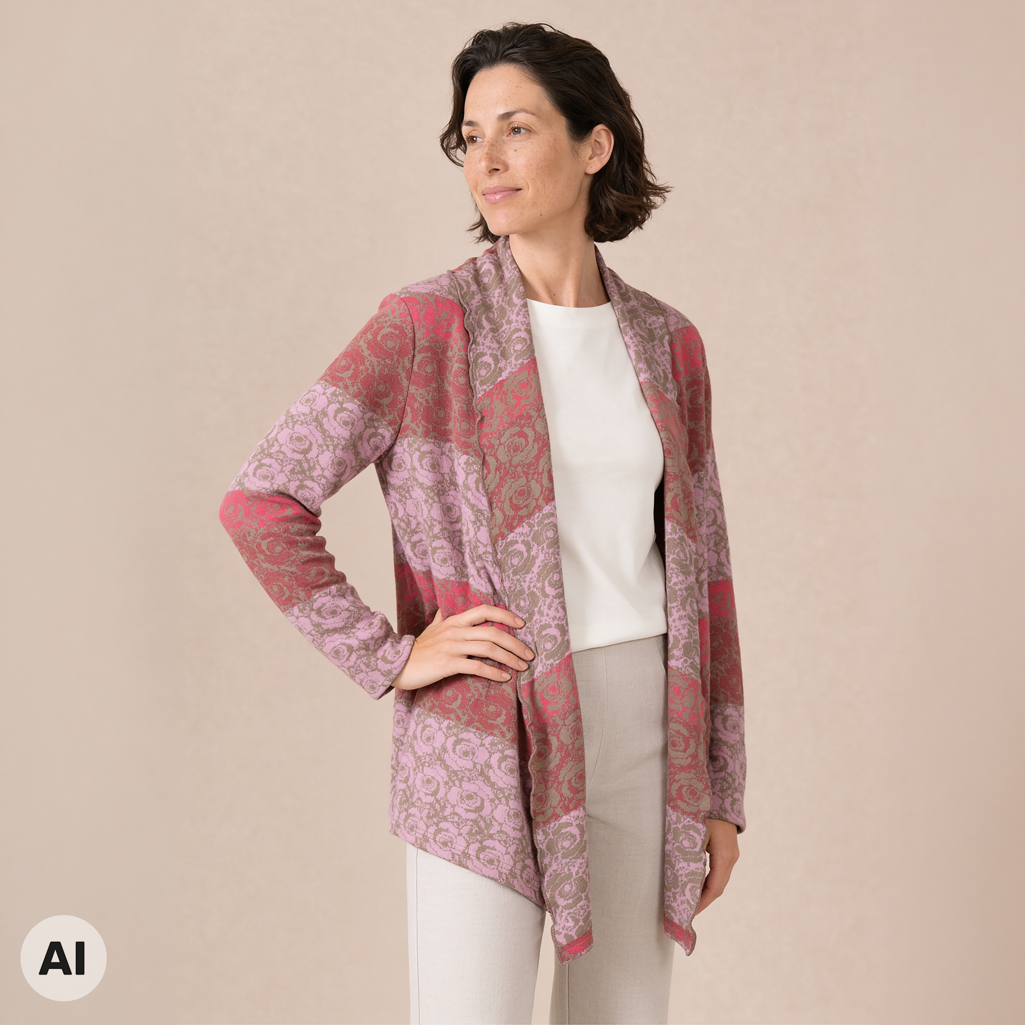 Hüllenjacke rosa – Vorderansicht, mit KI bearbeitet