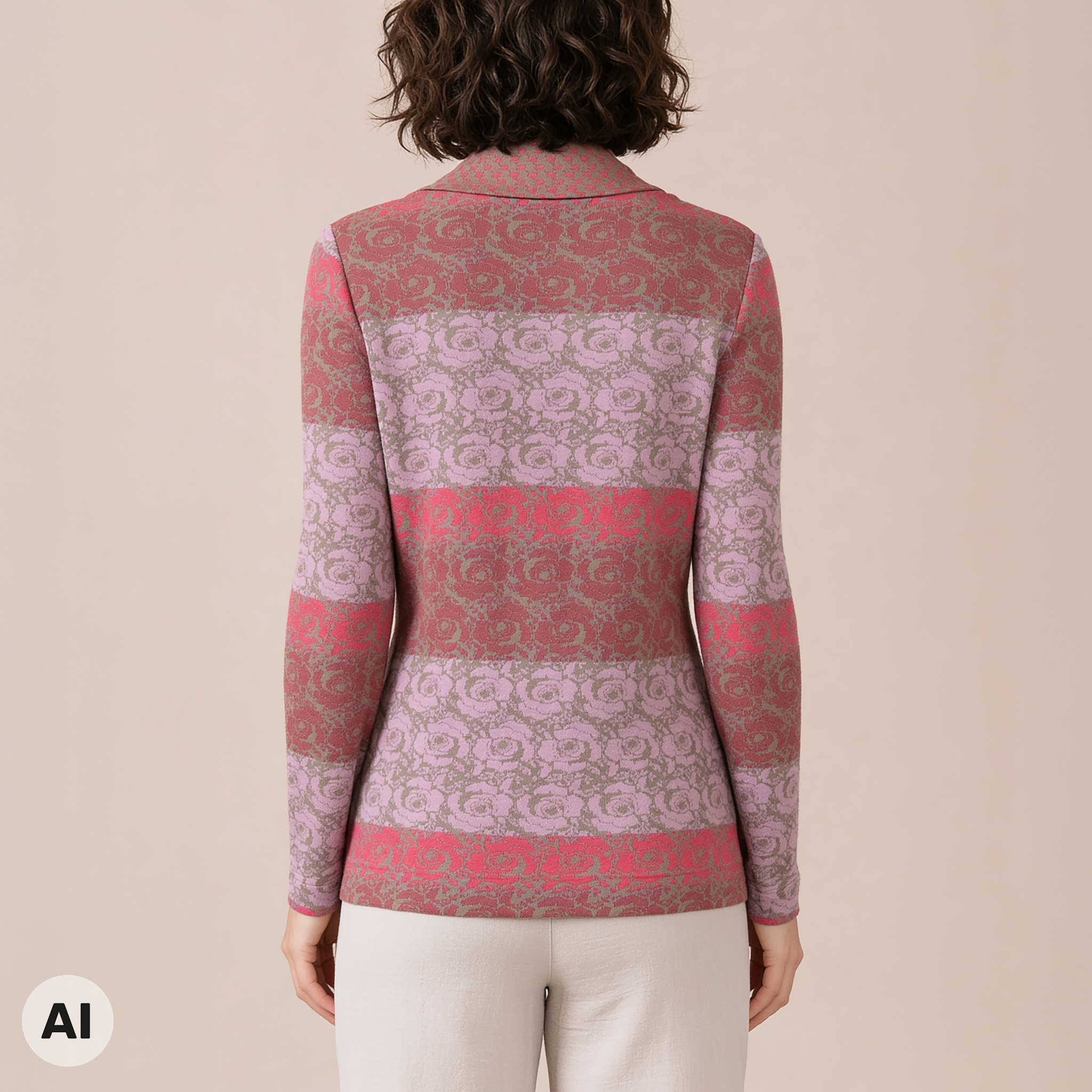 Schalkragenjacke rosa – Rückansicht, mit KI bearbeitet
