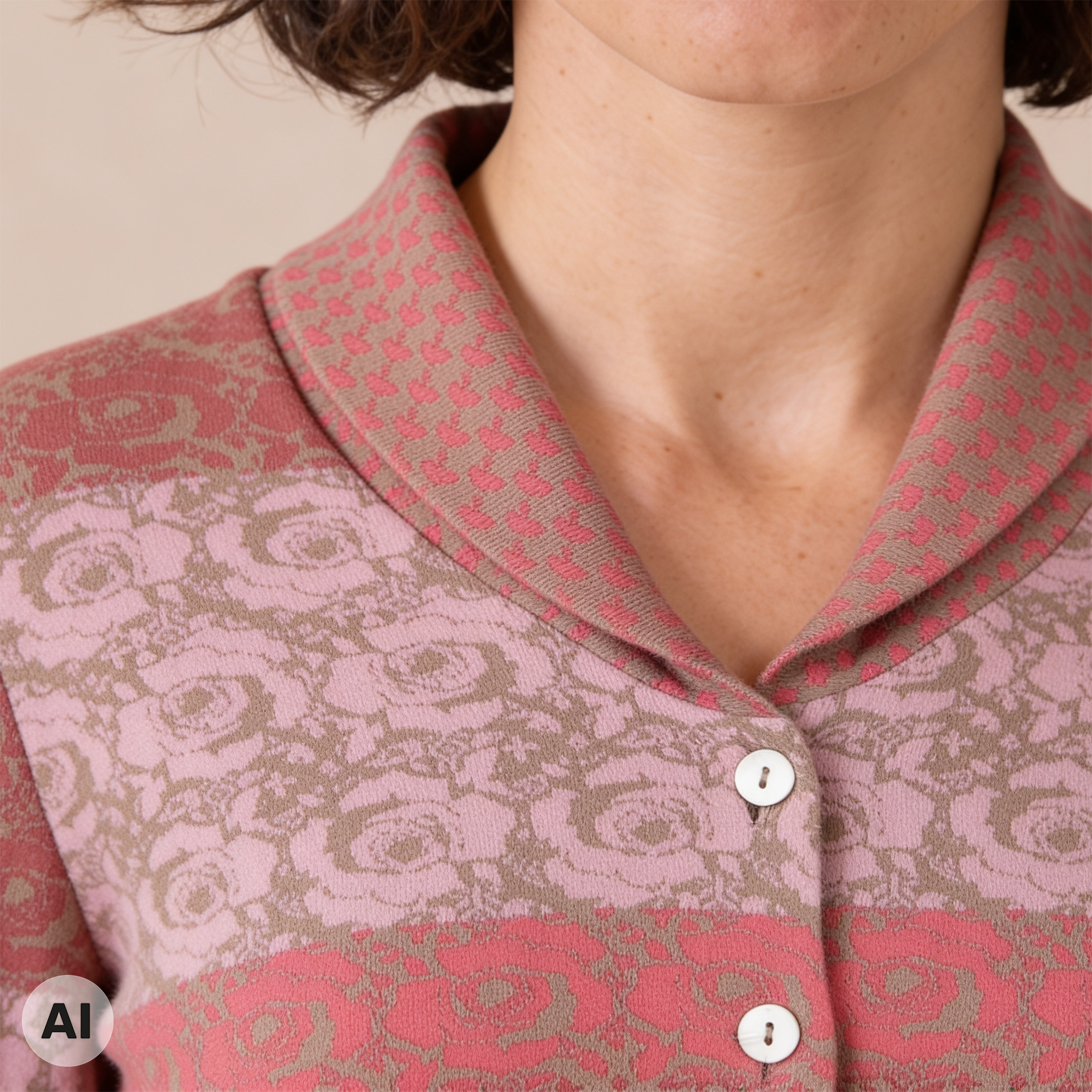 Schalkragenjacke rosa – Detailansicht, mit KI bearbeitet