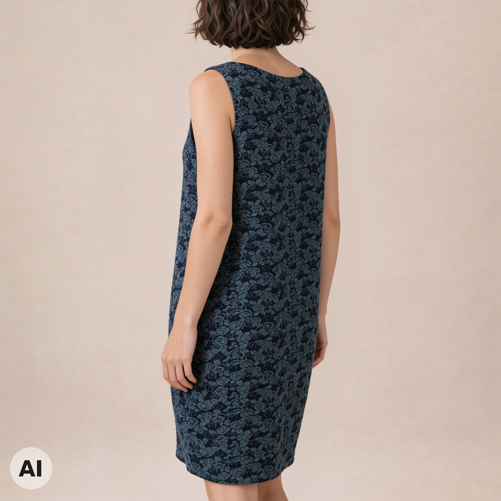 O-Kleid blau – Rückansicht, mit KI bearbeitet