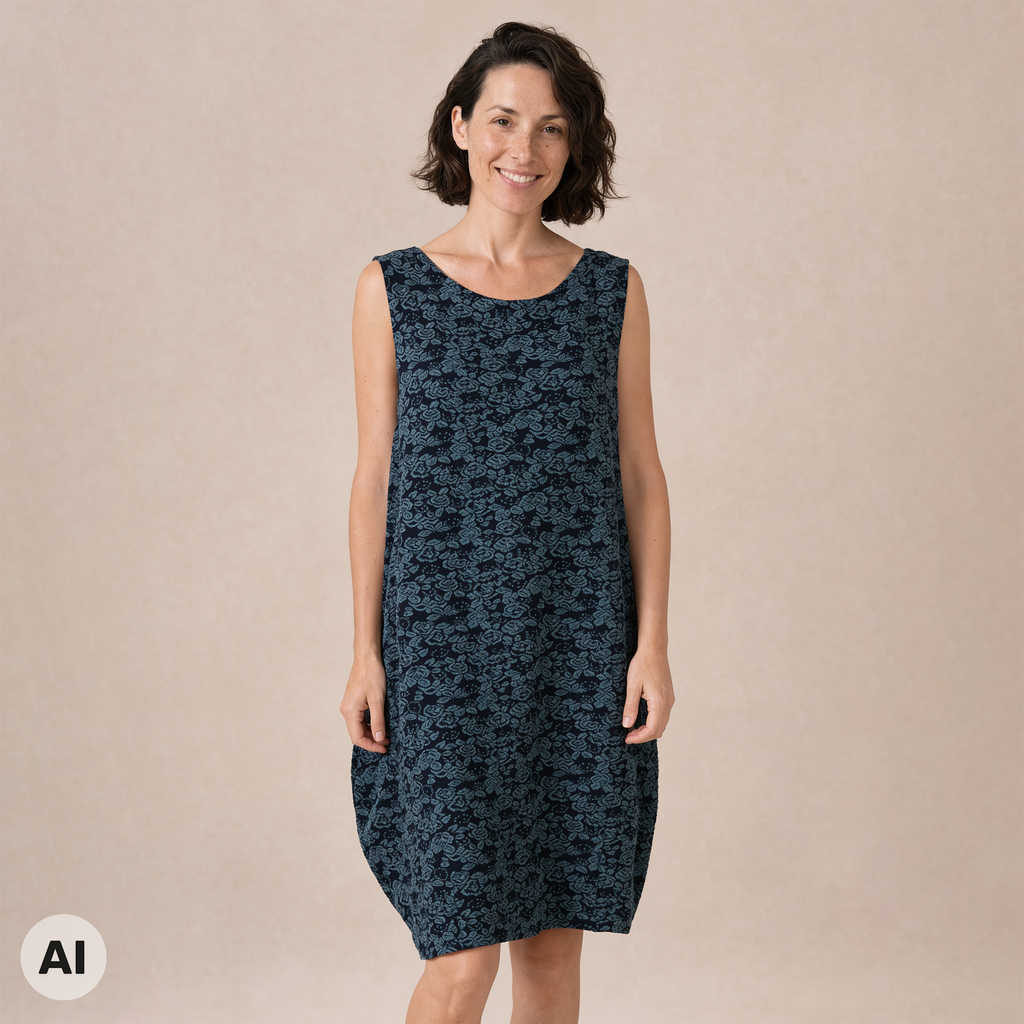 O-Kleid blau – Vorderansicht, mit KI bearbeitet
