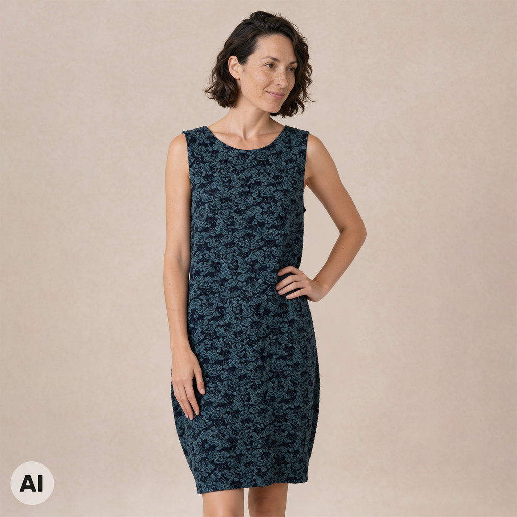 O-Kleid blau – Vorderansicht, mit KI bearbeitet