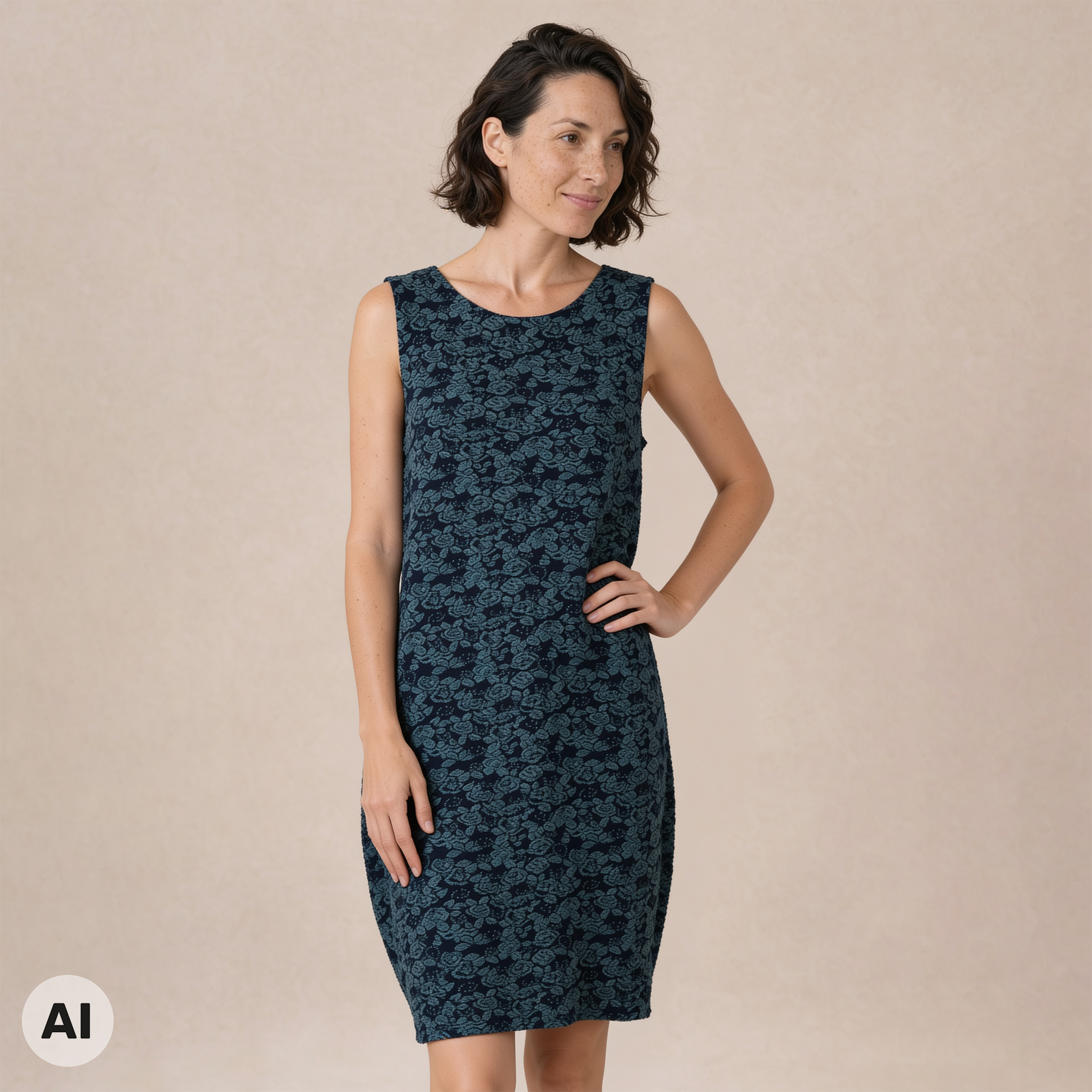 O-Kleid blau – Vorderansicht, mit KI bearbeitet