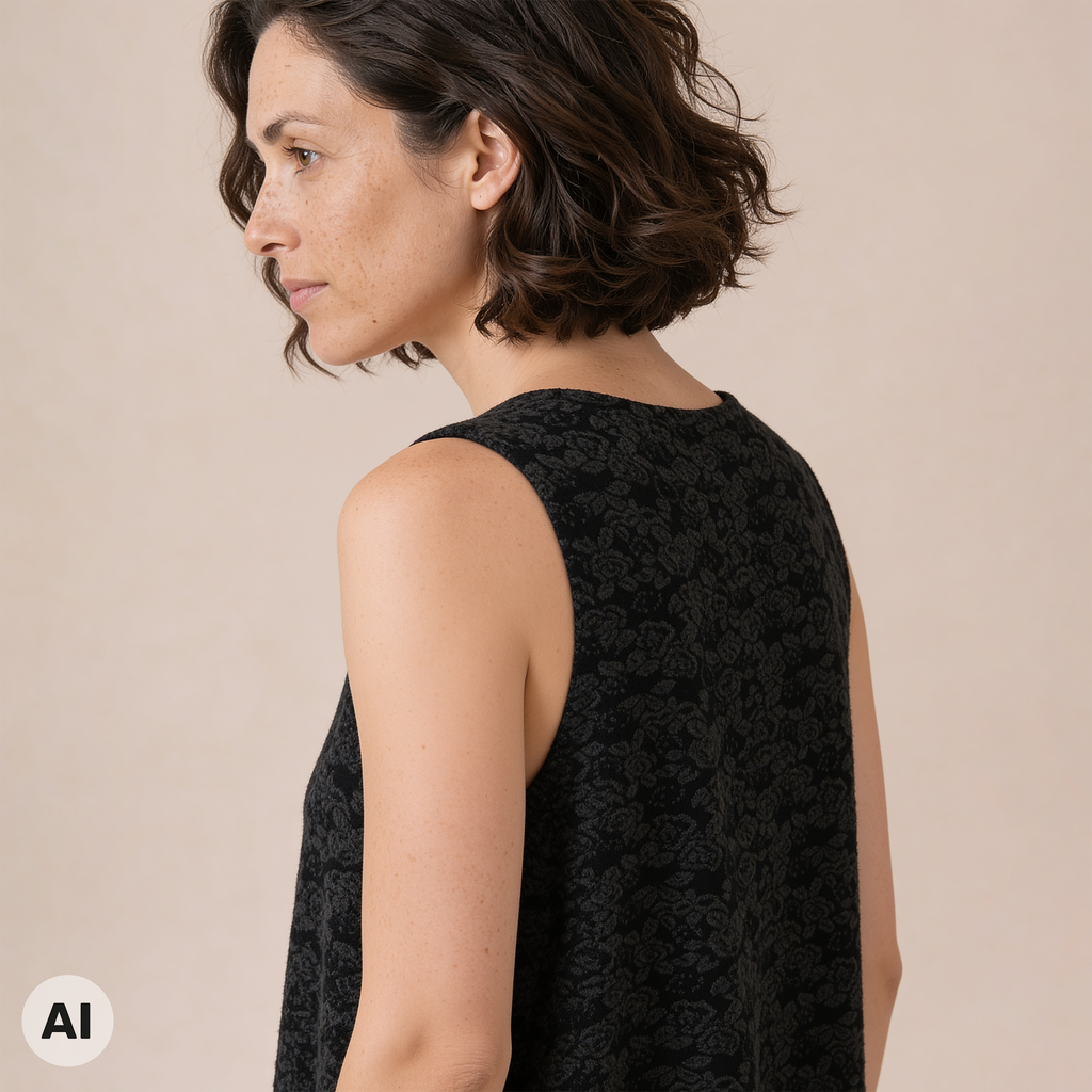 O-Kleid schwarz – Rückansicht, mit KI bearbeitet