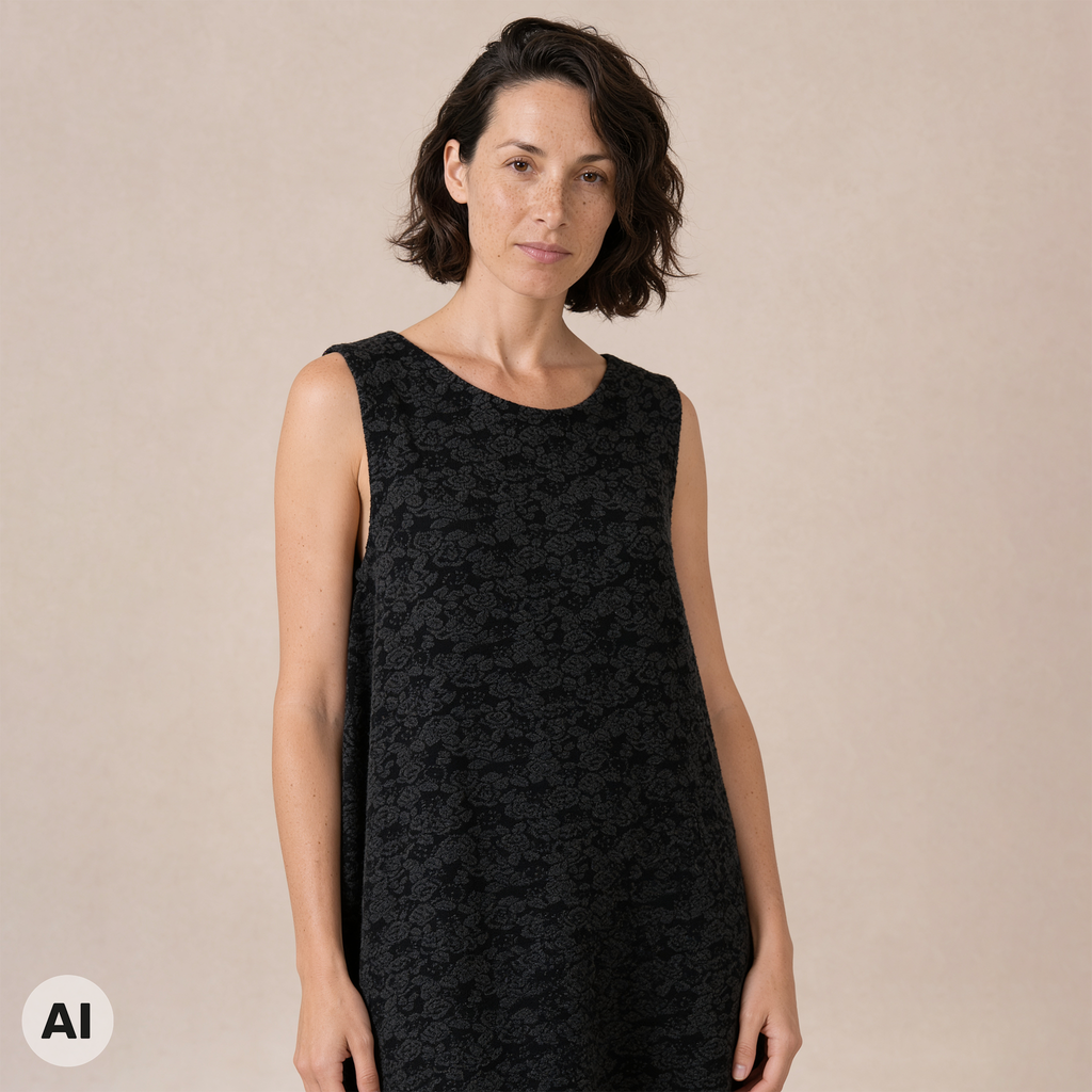O-Kleid schwarz – Vorderansicht, mit KI bearbeitet